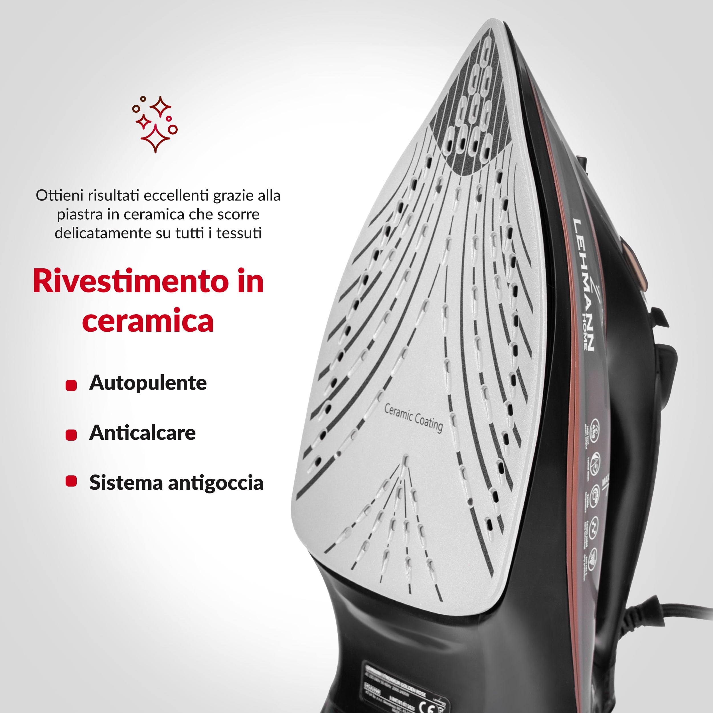 LEHMANN Ferro da Stiro a Vapore, 3000W, fino a 45 g/min Vapore Continuo & Colpo 140 g, Piastra in Ceramica, Funzione di Stiratura Verticale, Serbatoio 380 ml, Anticalcare, Leggero, Nero/Rosa Oro