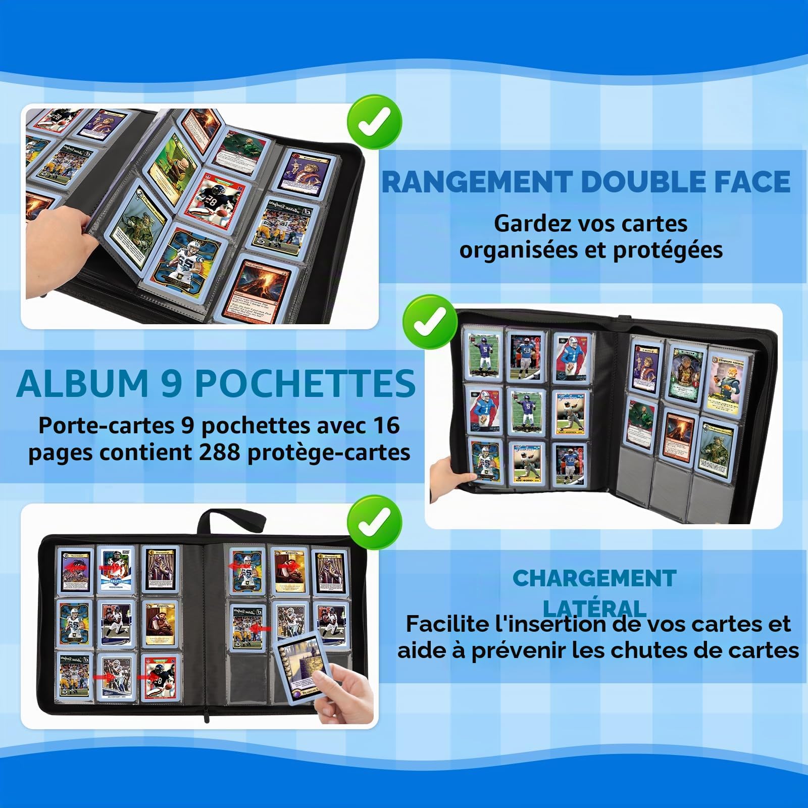 AOBOPLE Album de Cartes à Collectionner pour Top loader, 9 Pochettes 288 Cartes Classeur Carte 16 Pages Album de Cartes avec Fermeture Zippée, Porte Cartes pour top loaders Cartes 8,5 x 11 cm