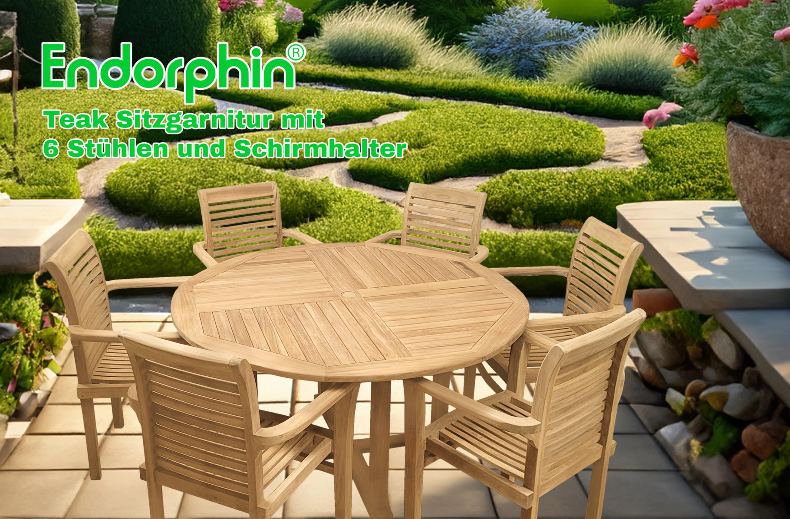 Endorphin Gartenmöbel-Set aus Teakholz, 7-teilig mit 140cm Tisch | 6 stapelbare Stühle, wetterfest, Outdoor Essgruppe, Gartentisch, Terrassenmöbel, Balkon