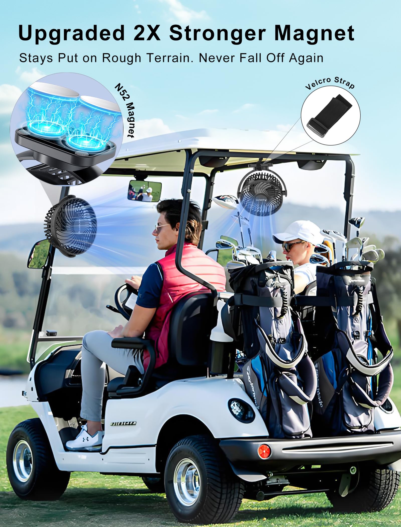 [Upgraded 2X Magnet] 1-Pack Magnetic Golf Cart Fan Rechargeable, 12000mAh Battery Operated Portable Fan with Light, Magnetic Base, Suitable for EZGO Club Car Yamaha, Golf Cart Accessories 2026 - 2