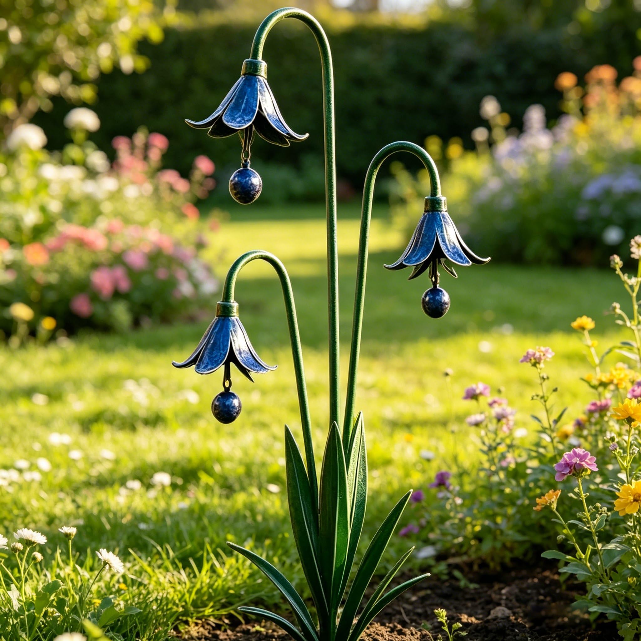 ​Triple Bluebells Garden Stake, 610x260x50mm Metal Flower Yard Art with Bells, Handmade Outdoor Wind Bell Decoration for Bluebell Garden Wind Chime