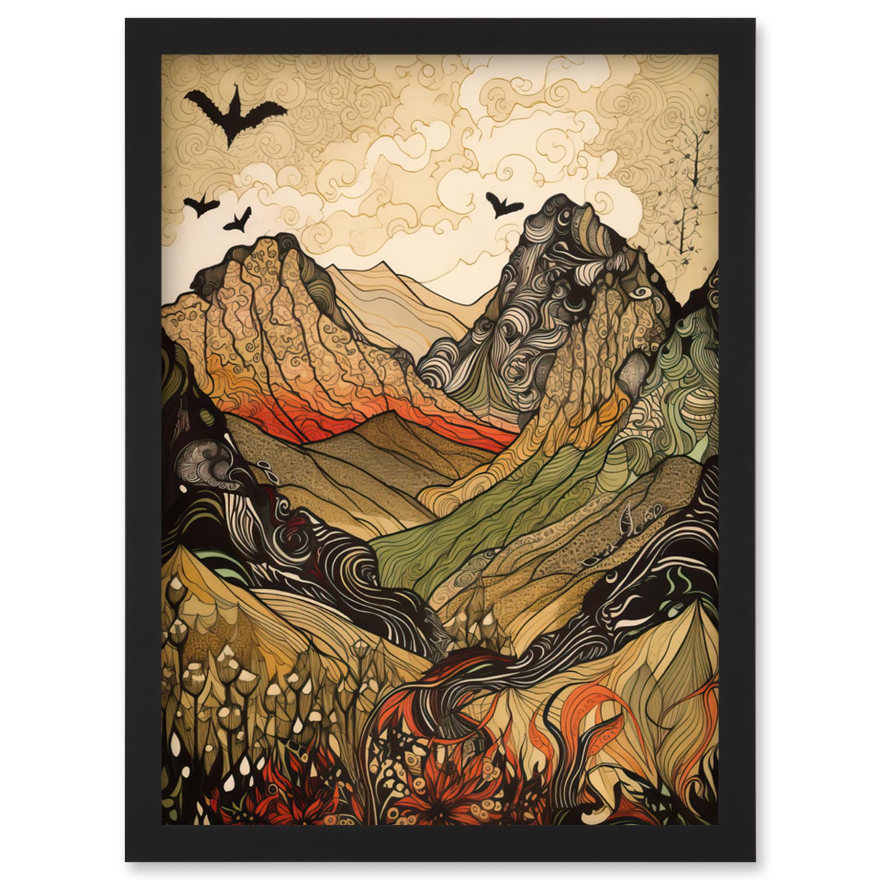 Artery8 Mountain Landscape Multicoloured Pattern Linocut Artwork Framed Wall Art Print A4