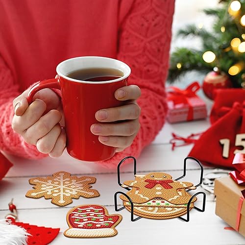 Miniatura 6 de 8 piezas de posavasos de diamante de hombre de jengibre de Navidad con soporte, posavasos de arte de diamante para bricolaje, posavasos