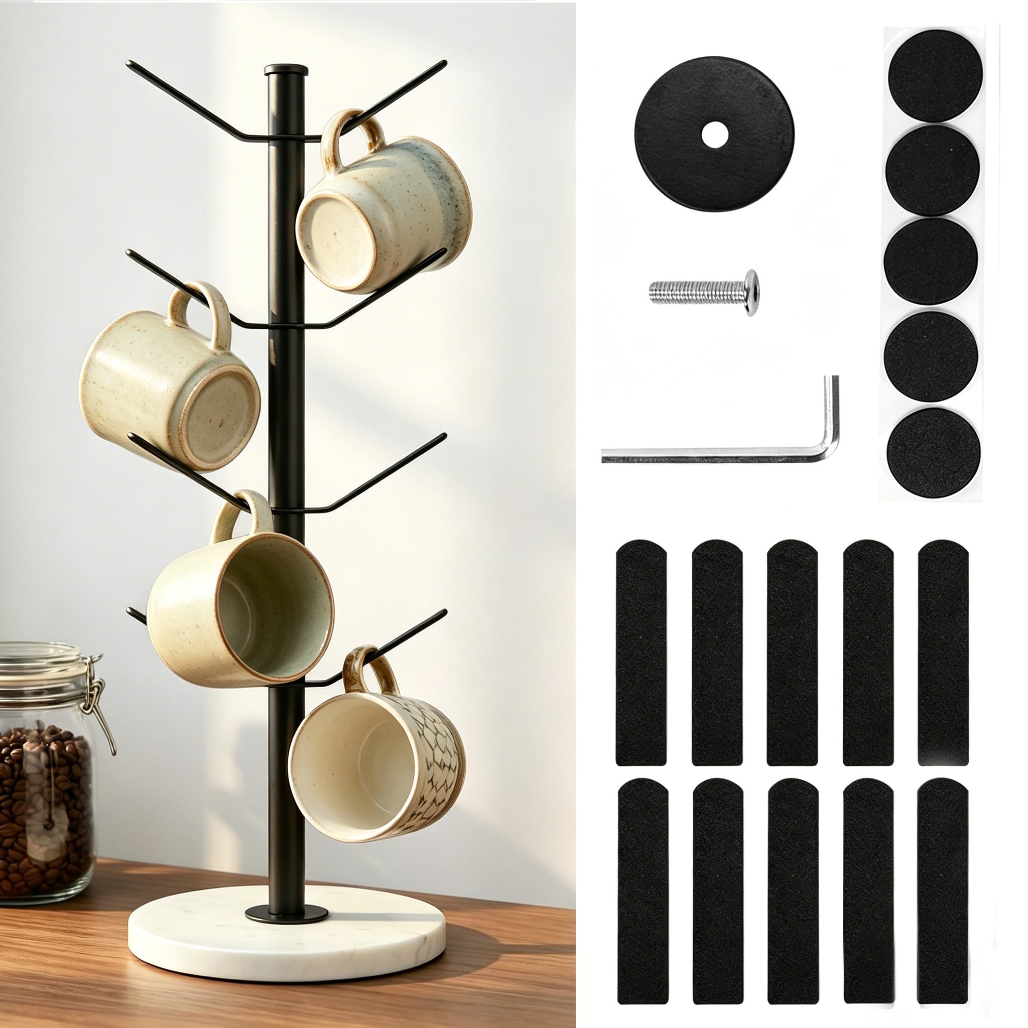 Vurixfo Marble Mug Tree Stand, 8 Hook Coffee Cup Holder Weighted Marble Base Stable Mug Holders Coffee Tea Cup Organizer Hanger Holder Coffe-e Cups Stand Storage Rack for Kitchen Counter Cabinet Bar