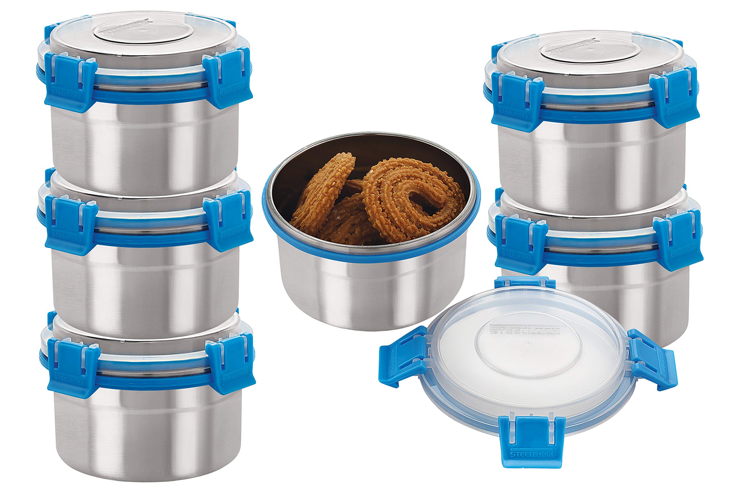 Steellock Airtight & Leak Proof Stainless Steel Container, 500 ml Each, Set of 6, Blue