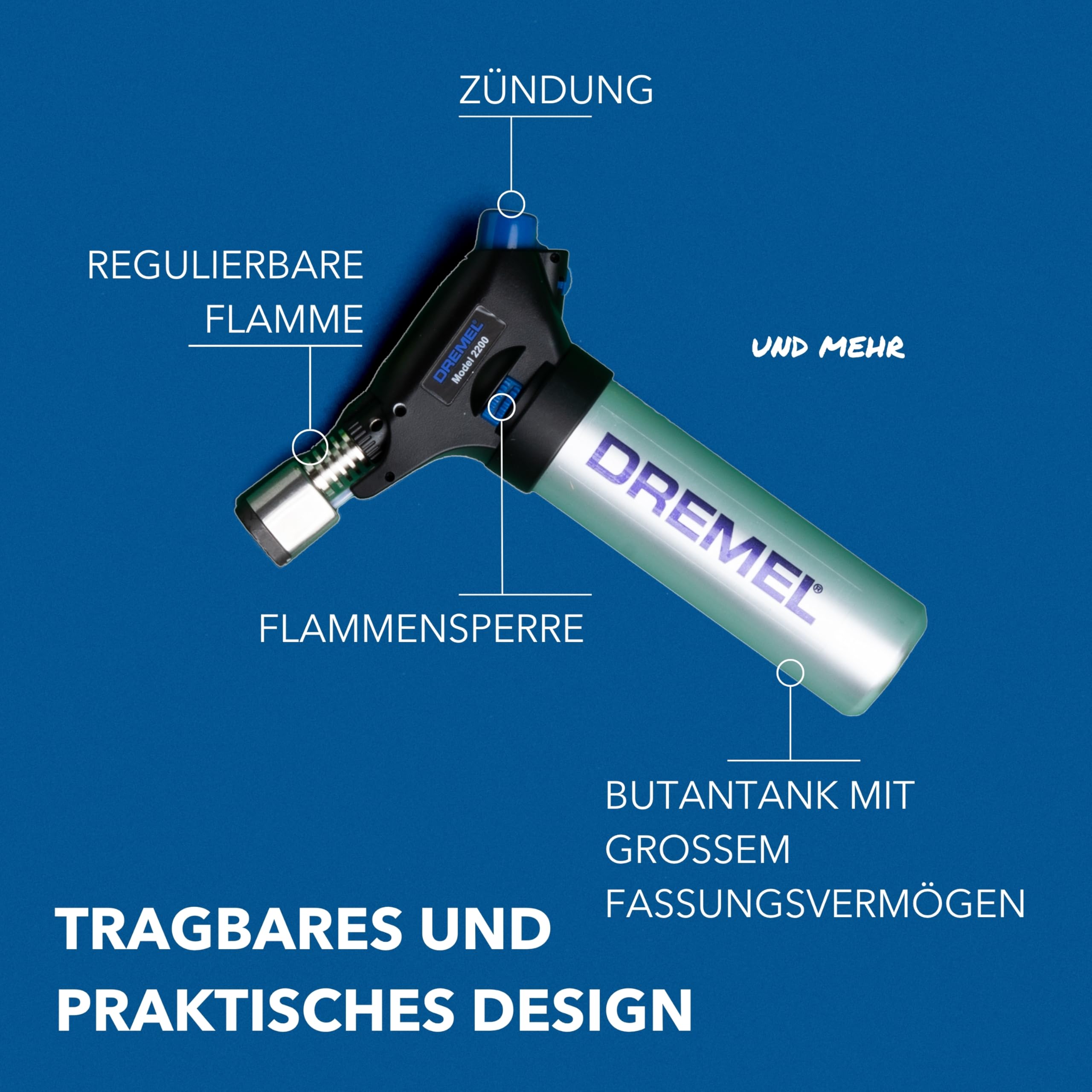 Dremel 2200 VersaFlame Multifunktionaler Butangas-Brenner - Butangas-Lötlampe, Gasbrenner und Löt-Set (mit 5 Zubehören zum Löten, Schrumpfen, Schweißen, Flambieren)