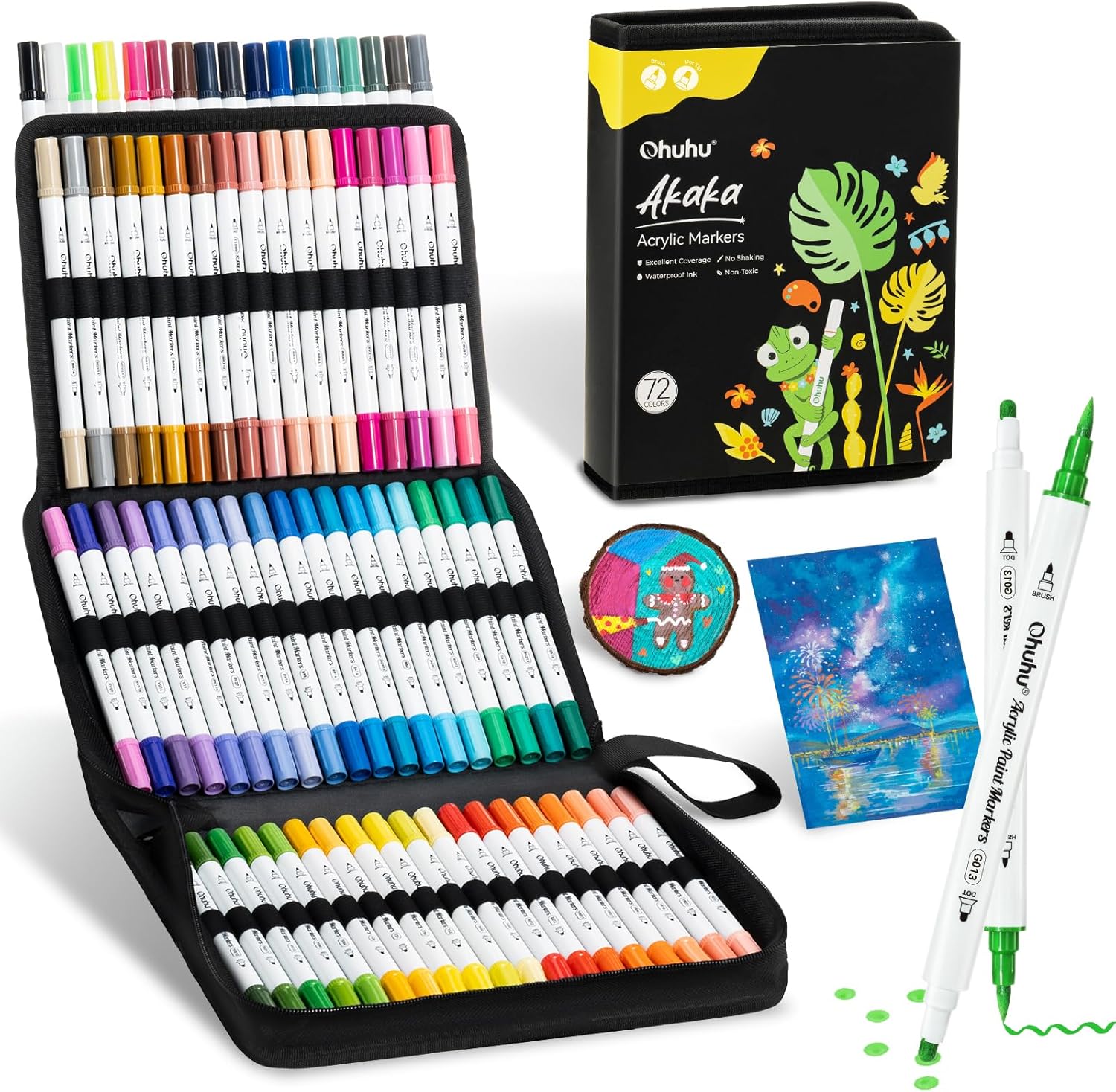 Ohuhu Acrylic Paint Markers Dual Tips: 72 Colors Brush & Dot Paint Pens High Opacity Acrylic Markers Waterproof Lightfast for Rock Painting 3D Prints Egg Wood Glass Ceramic DIY Crafts - Akaka