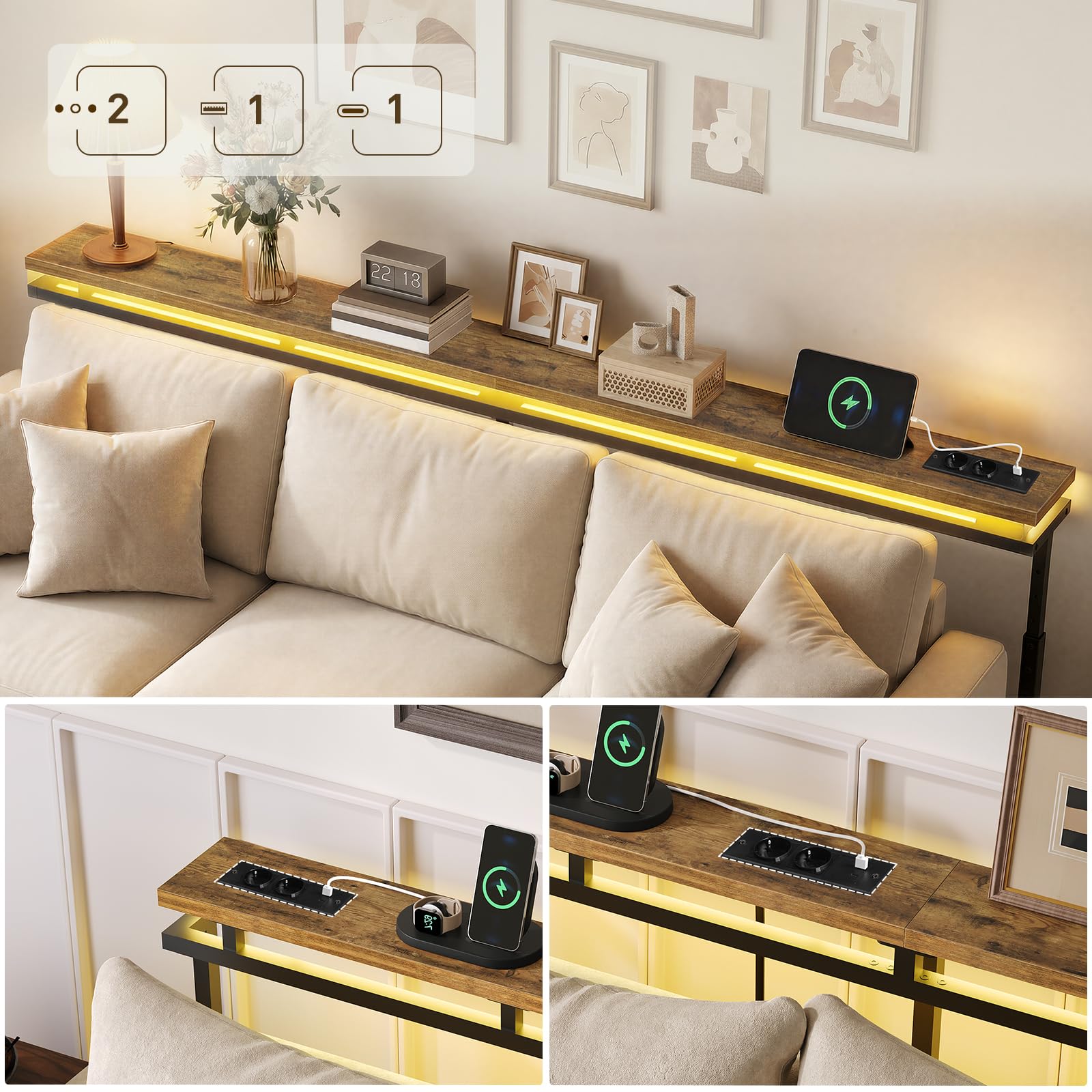YATINEY Consolle Ingresso con Altezza Regolabile, Tavolo Console con LED | 200 cm Consolle sottile con Stazione di Ricarica, Tavolo da Ingresso Dietro Divano per Corridoio, Soggiorno, XCT27CDBR