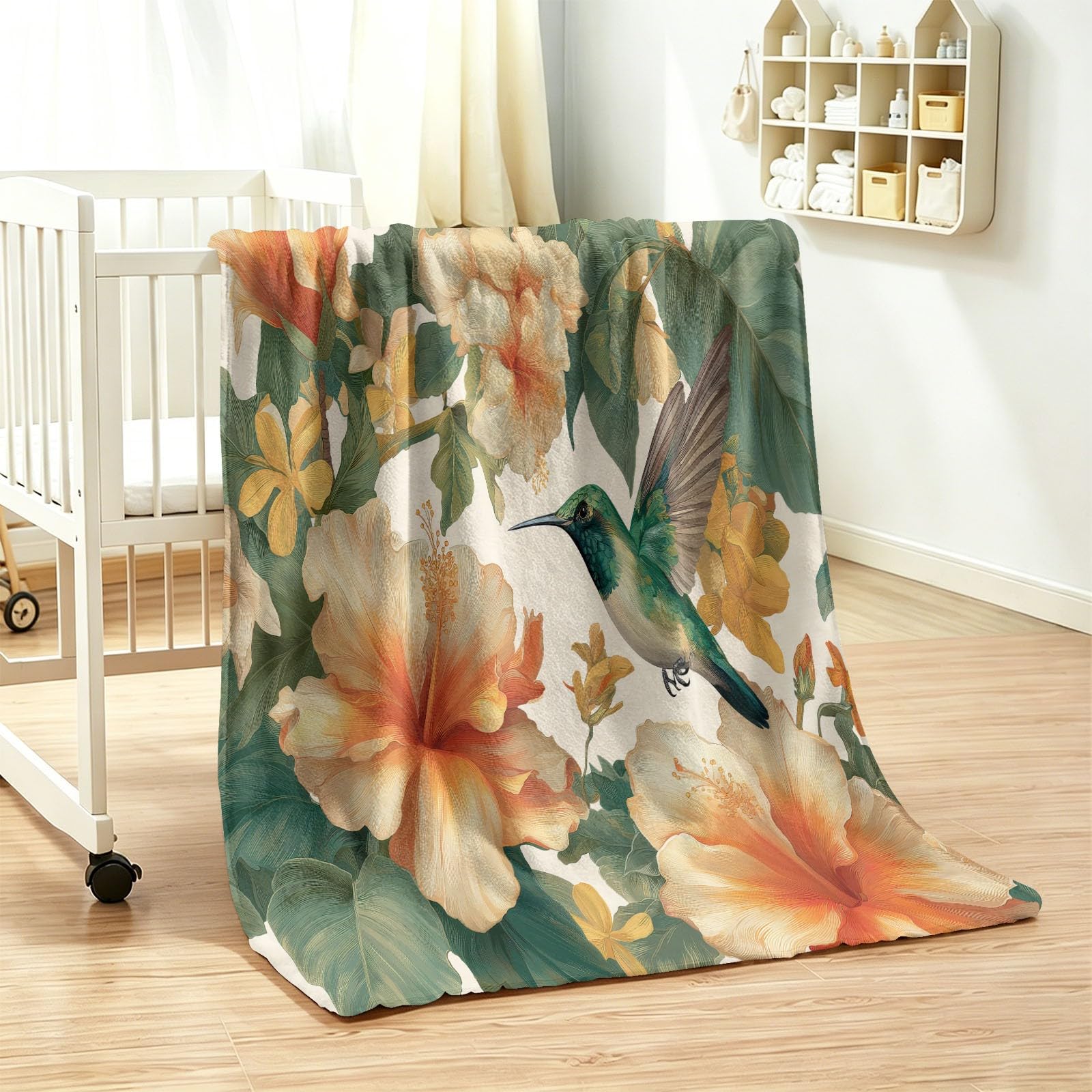 Akwarela kwiatowy koc polarowy 200 x 200 cm, miękki koc ciepło wygodny flanelowy nadruk tropikalne liście kolibra dla dorosłych i dzieci, koce hipoalergiczny, beżowy