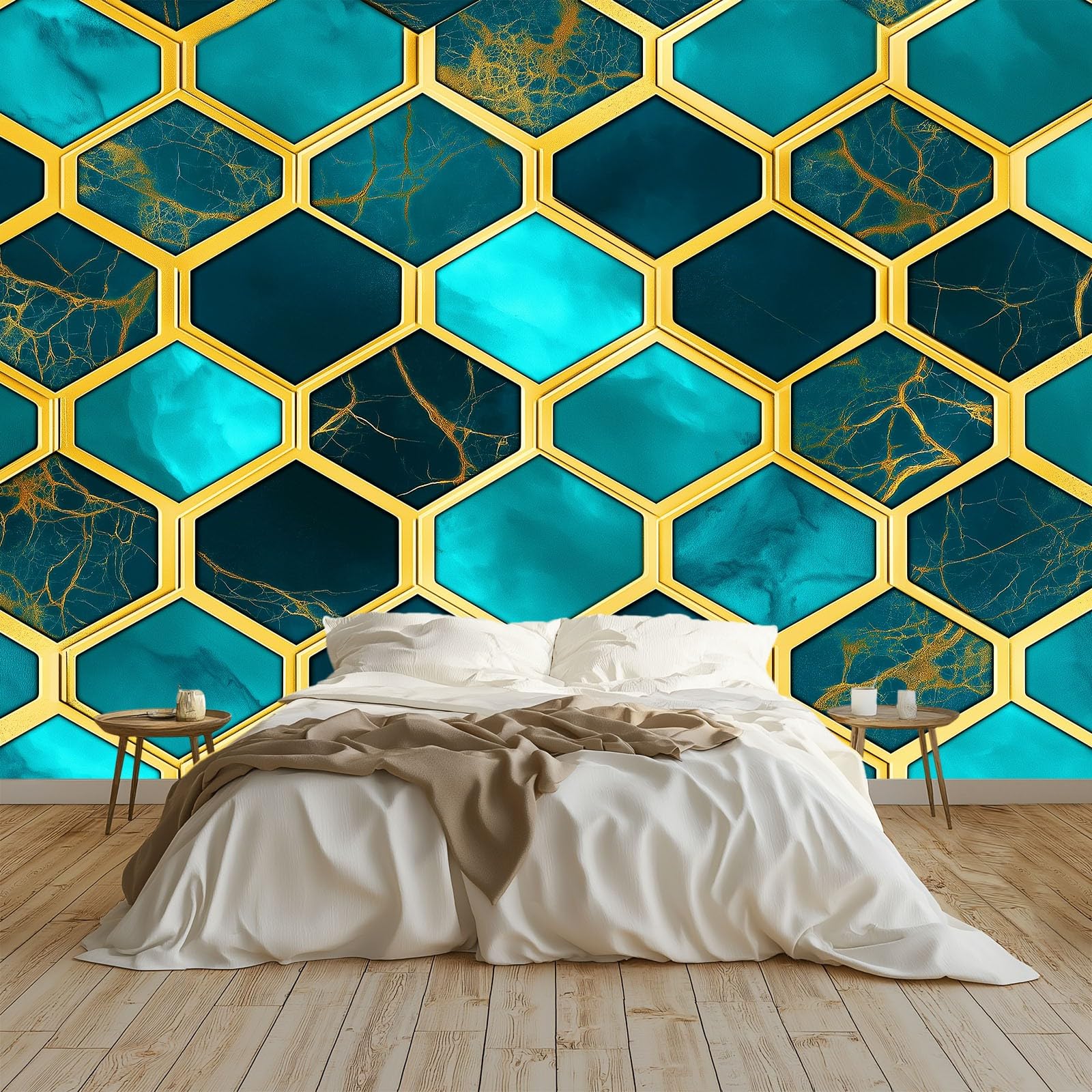 Geometryczny sześciokątny plaster miodu tekstura panoramiczna tapeta dla chłopców dziewcząt, 250 x 175 cm cyjan gigantyczny plakat ścienny 3D, dekoracja ścienna premium do salonu, pokoju dziecięcego