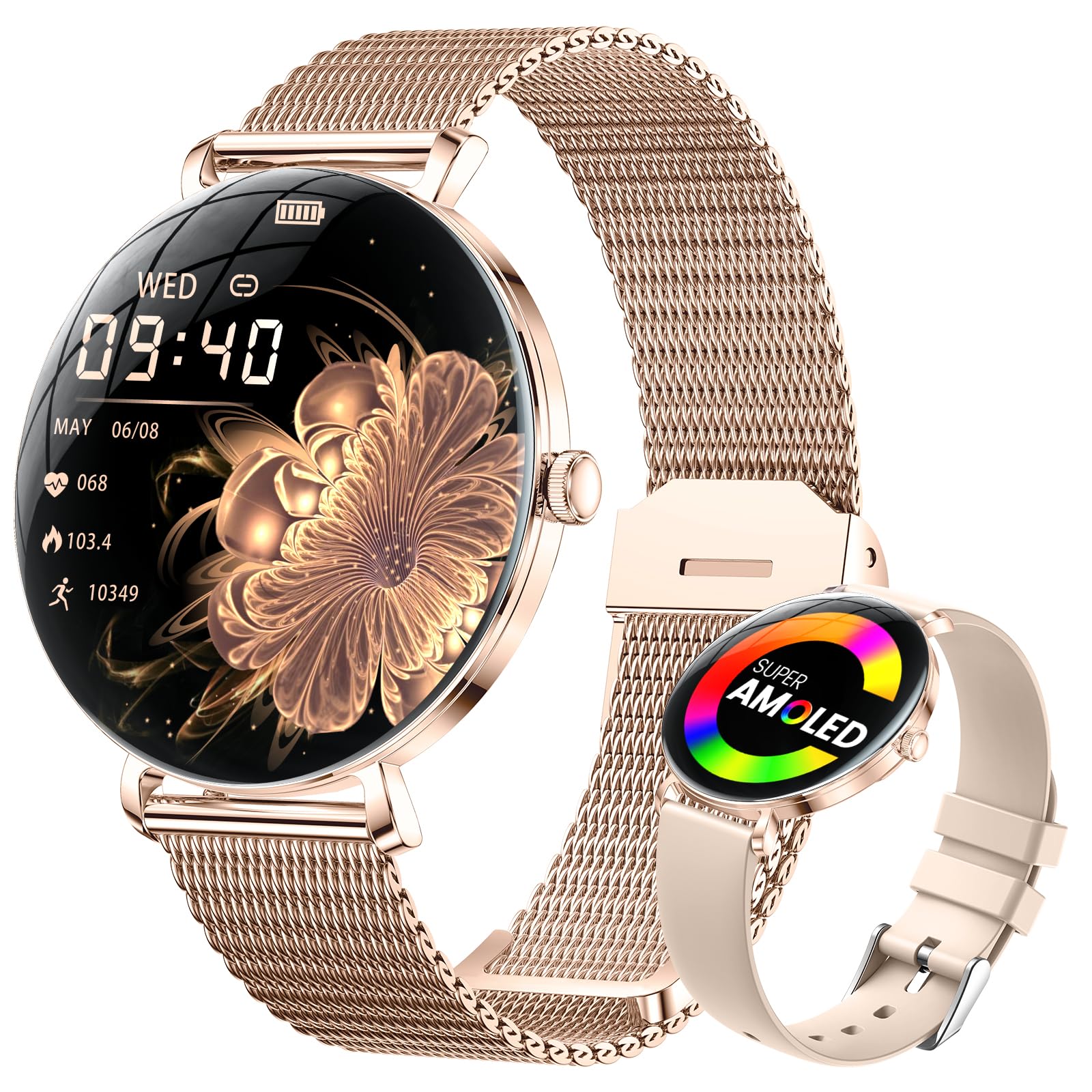 LIGE Smartwatch Donna Sottile con Chiamate, 1.43" AMOLED Orologio Fitness con Sonno/Frequenza Cardiaca, IP68 Impermeabile Smart Watch per Android iOS, 200+ Quadranti, 100+ Sport, Oro Rosa