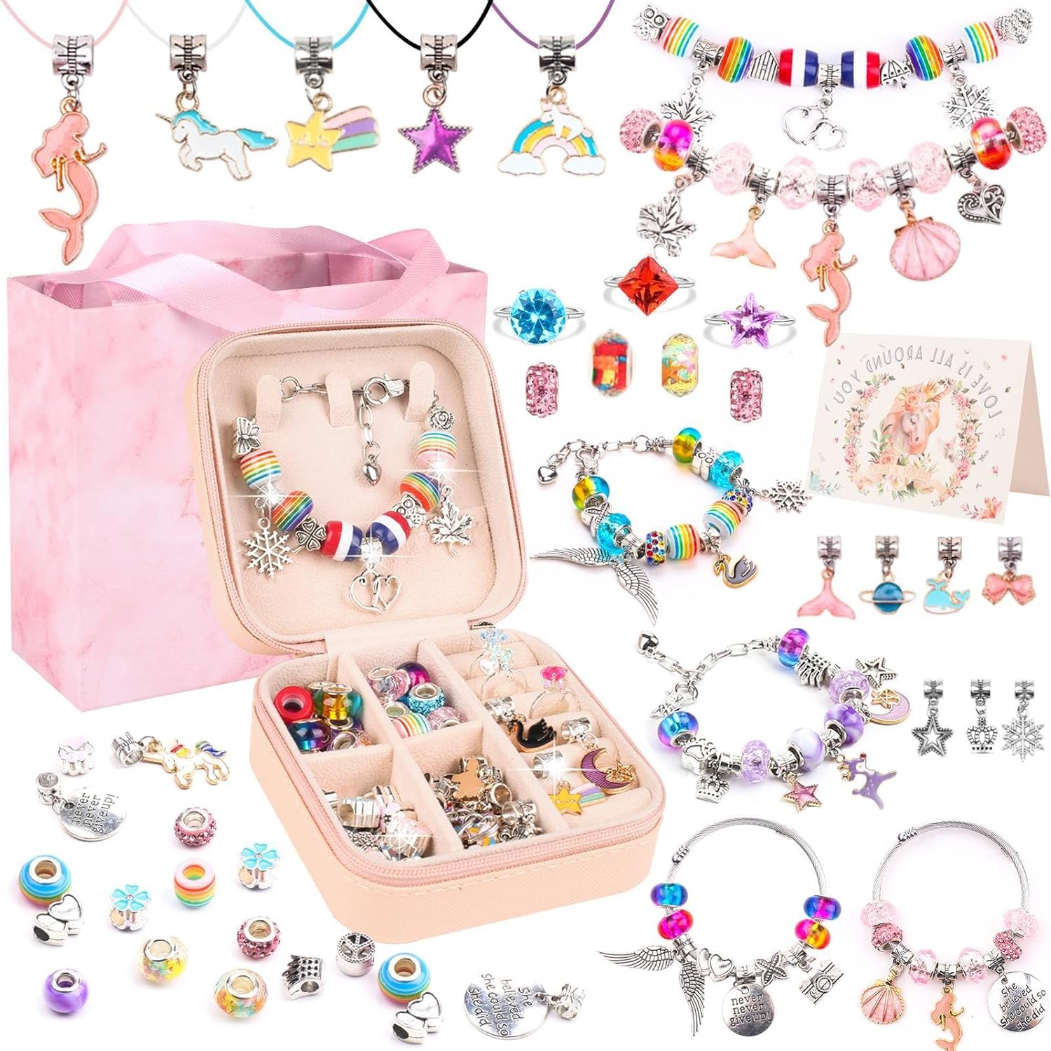 UFU Charm Bracelet Making Kit, 95Pcs Jewelry Making Kit Craft Gift for Girls 5 6 7 8-12, A Sweet Birthday Gift to Inspire Imagination & Creativity, with Portable Jewelry Box