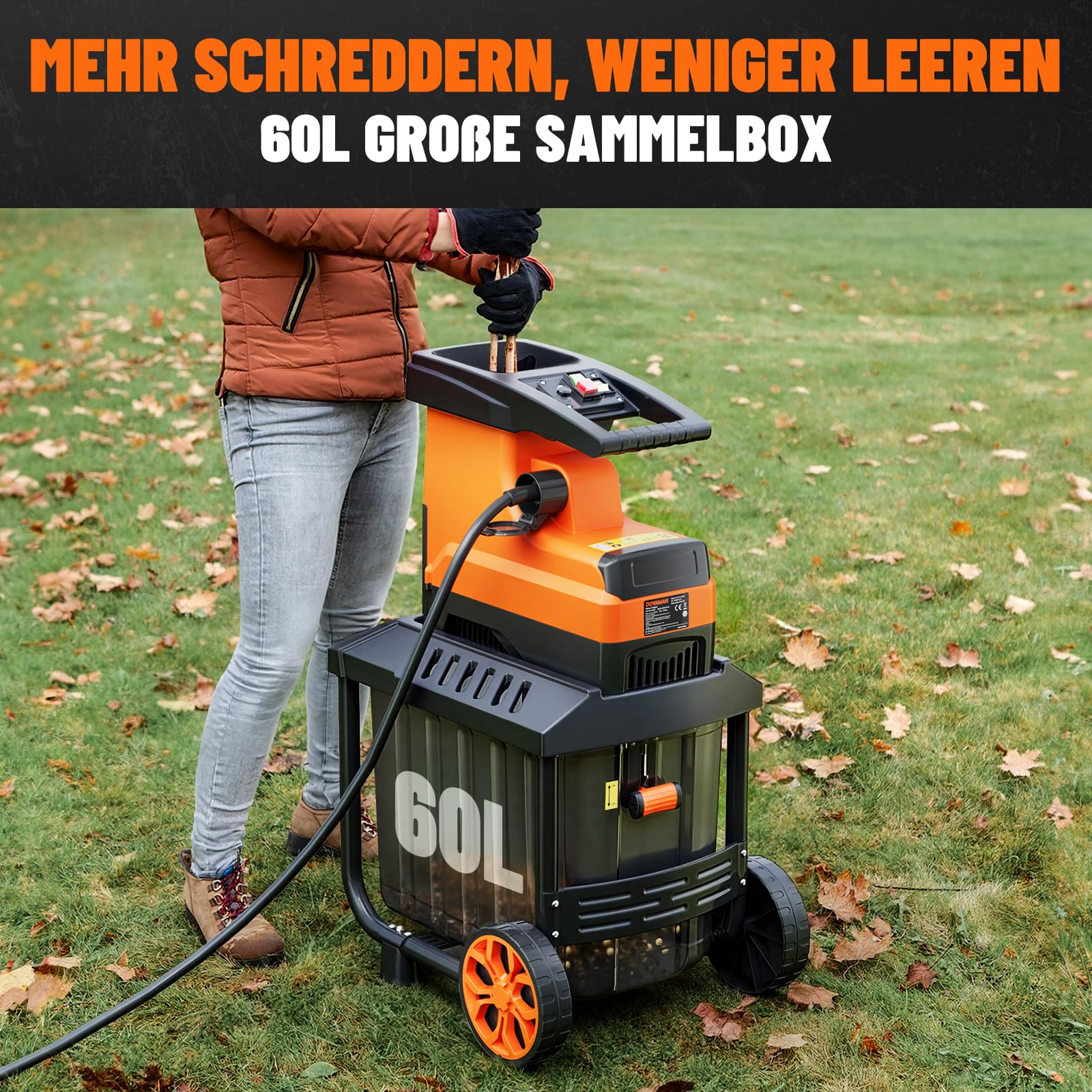DOVAMAN GT10 APEX Gartenhäcksler, 2800W Bürstenloser Motor, 400Nm Drehmoment, 6-Zahn-Walzenmesser, bis 45mm, 60L Box