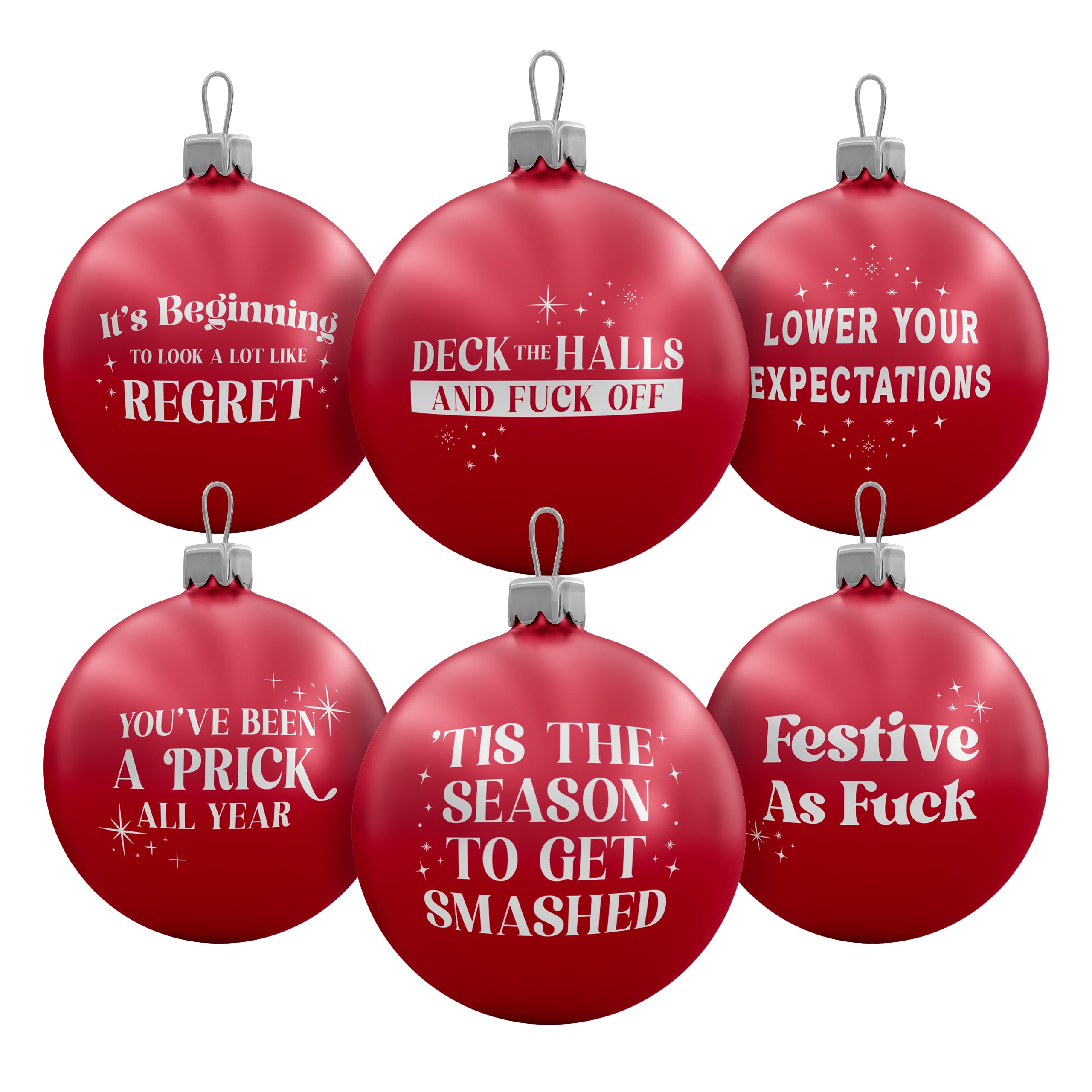 Brutal Baubles – Set of 6 Funny Red Christmas Decorations – Rude Xmas Tree Ornaments – 6cm – Hilarious Secret Santa Gift (The Christmas is Ruined Pack)