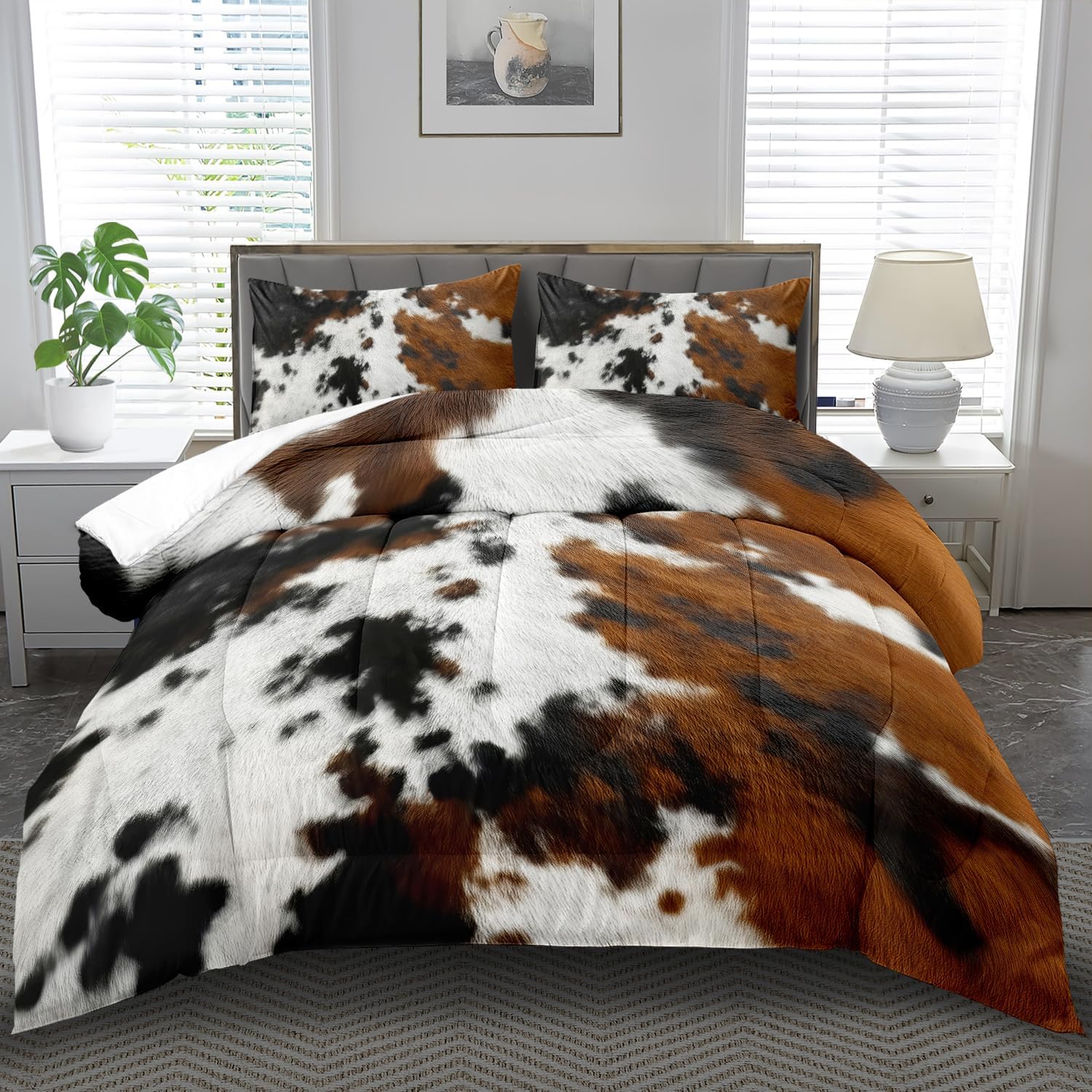 Western Comforter Set King,Cow Print Bedding Set Brown,Western Bedding King,Farmhouse Quilt for Teen,Black Brown Bedroom Decor Boys,Farmhouse Decor for Bed
