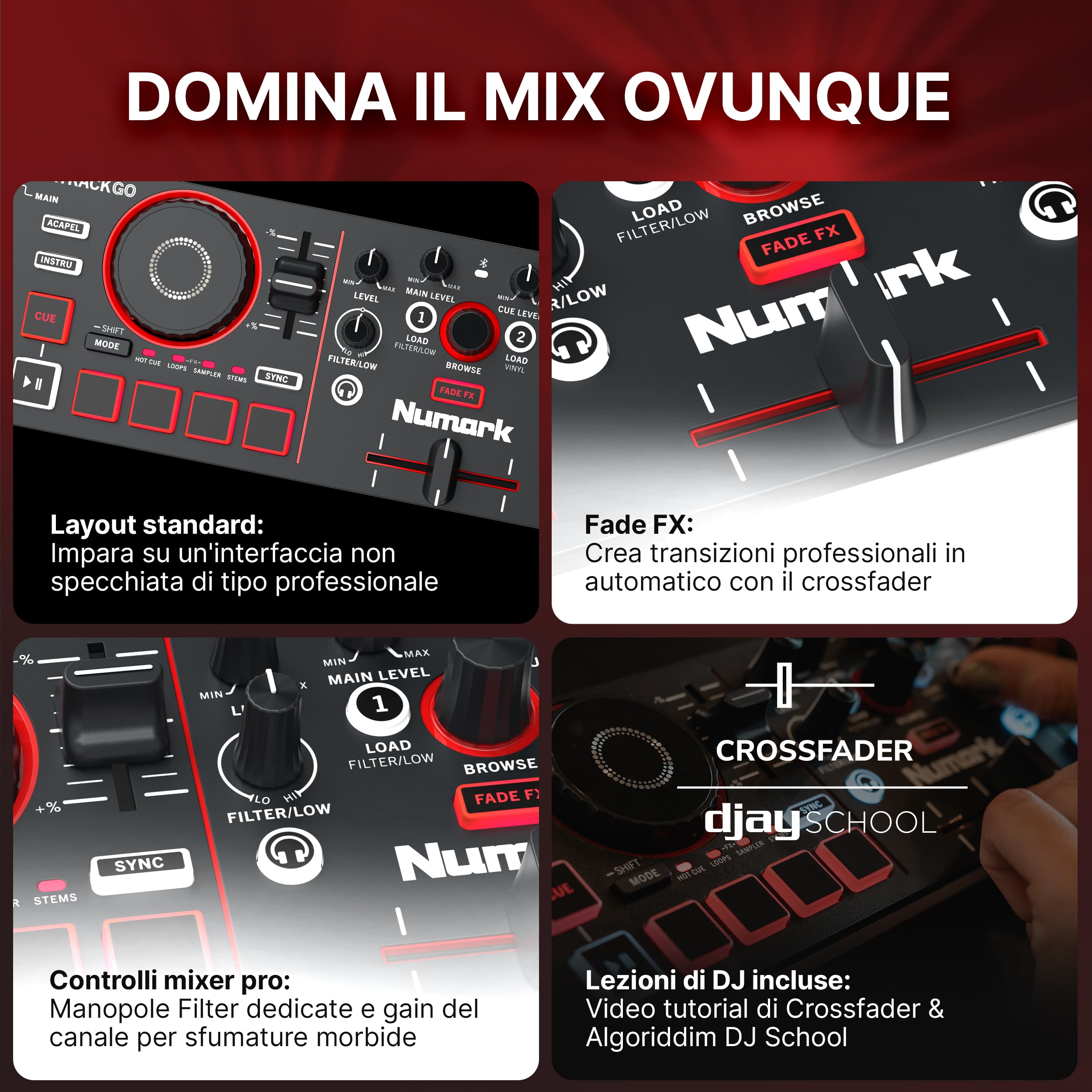 Numark Mixtrack Go Controller DJ Bluetooth Compatto con Stems Control | Mixer DJ 2 deck, principianti e DJ mobili, Smart Fader, USB-C, Serato DJ Lite e Algoriddim djay inclusi, Gen 4