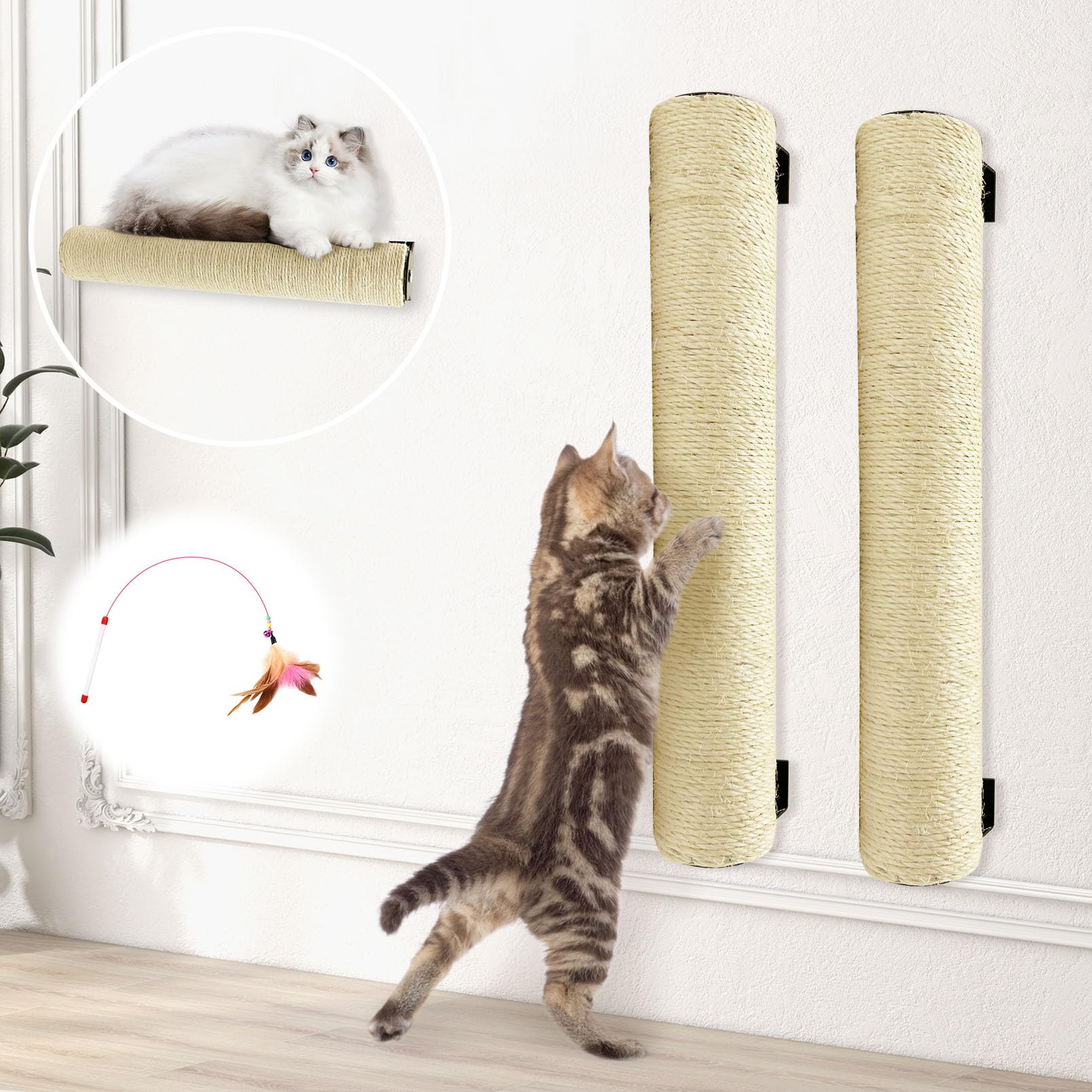 Apatal Wall Mounted Scratching Post for Cats 16 Inches Sisal Rope Cat Wall Scratcher Posts 2 Pack of Wall Mount Cat Furniture for Indoor Kittty to Scratch and Climbing with Feather Toys