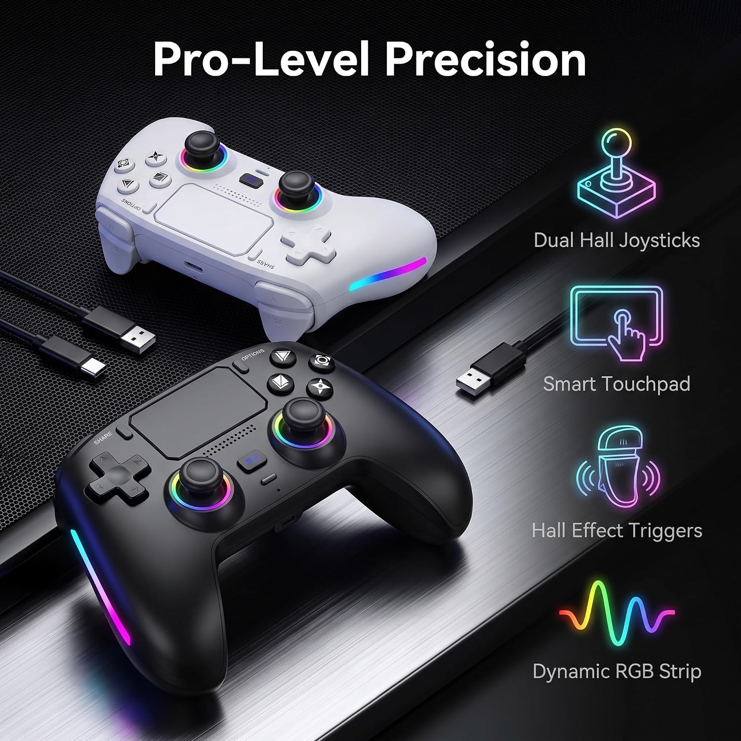 ZWYSYMX Wireless Controller 2 PACK for PS4, RGB Light Effect, Hall Joystick
