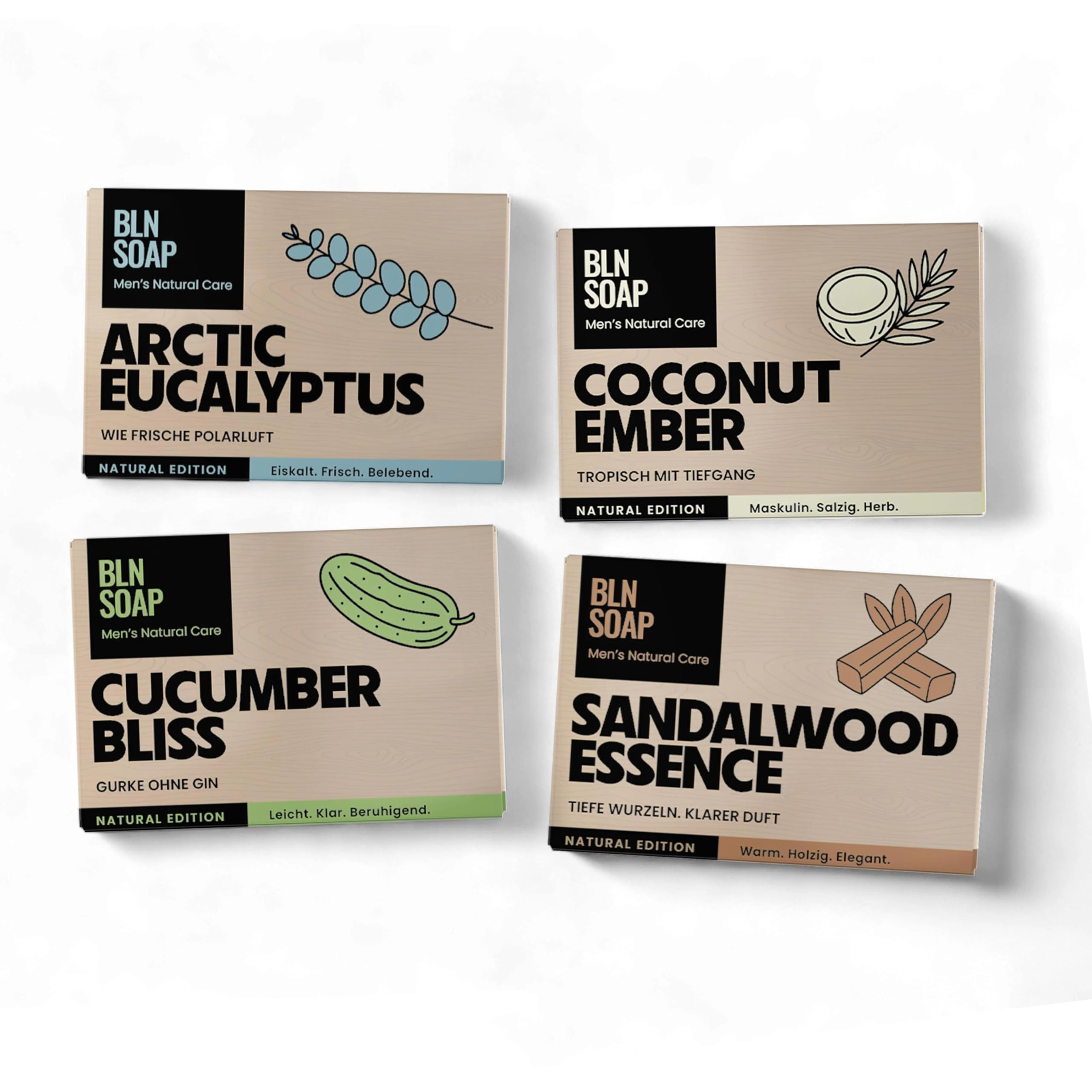 Männerseifen-Set Natural Edition: Feste Naturseifen für Männer, Geschenkset Herren, 3-in-1 Duschseife für Hand, Körper und Haare, Shampoo Mann, Festes Duschgel, Seife Vegan, 4 x 135 g, BLN SOAP