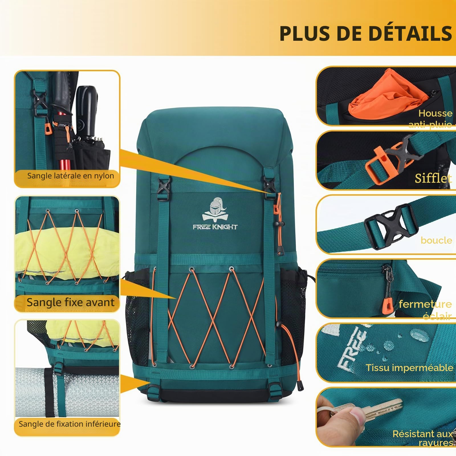 Bseash Sac à dos de randonnée imperméable 40 L avec housse de pluie, sac de voyage pour le camping, l'escalade, le cyclisme, le ski