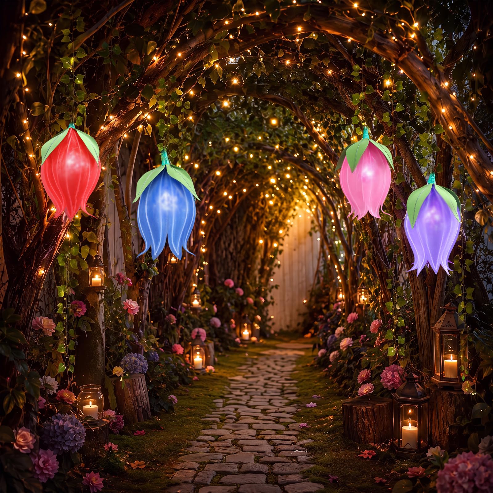 XunYee Verzauberte Waldfee, LED-Kunstlilien des Tals, hängende Dekoration mit Pothos-Reben, Wildblume, 3D-Fee, Party-Dekorationen für Gartenparty, Wald, Geburtstag, 6 Stück (mehrfarbig)