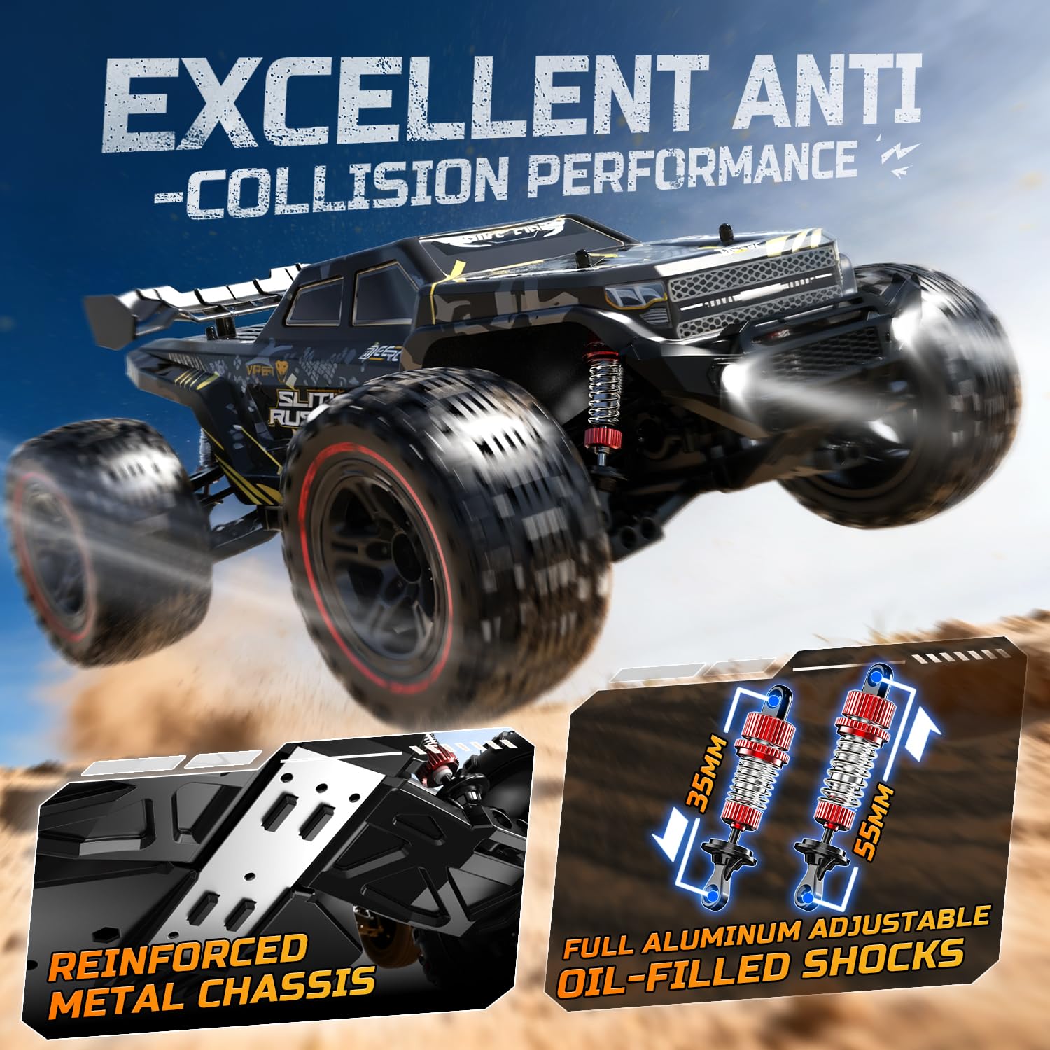 DEERC 1:10 Schnelles bürstenloses RC-Auto für Erwachsene, über 60 km/h, High-Speed-4WD-Offroad-Ferngesteuerter Truck mit 2 * 3S-Akkus und zusätzlichen Schwingarmen, RC-Crawler-Geschenk
