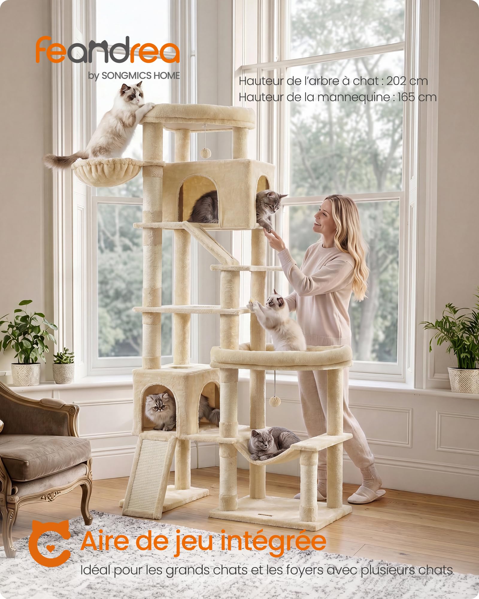 Feandrea Arbre à Chat XXL, Base Double, Poteaux Sisal, 6 Niveaux, Griffoir, 105 x 45 x 202 cm, Beige Clair, Multi-Chats, Collection Clawfy PCT020Y101