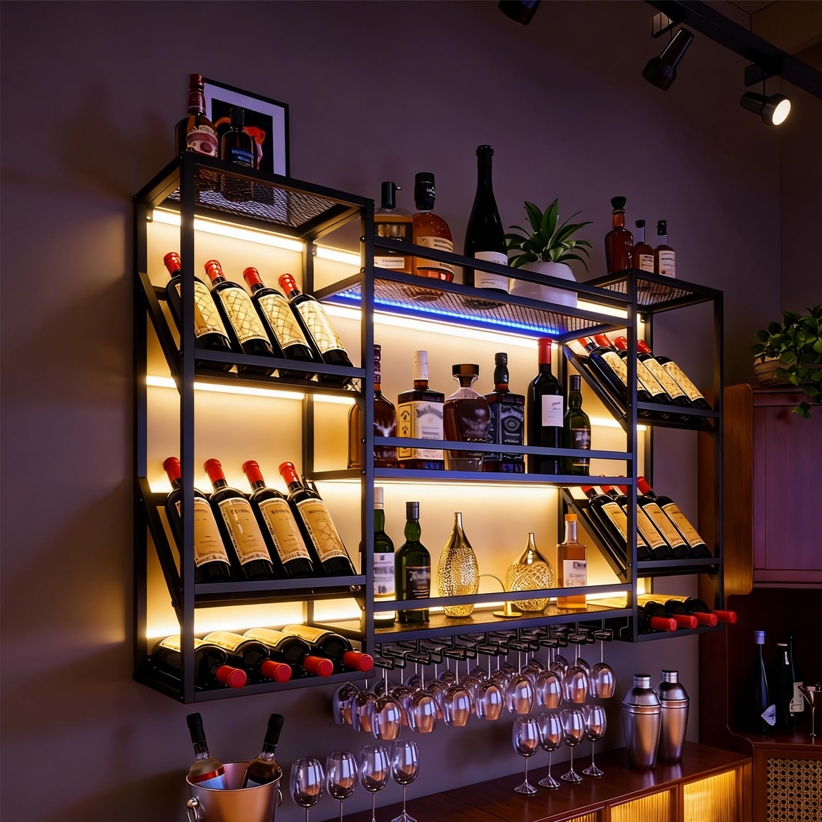 Wandweinregal Metall mit Glashalter, 3 Ebenen Weinregal Wand mit Schutzreling, Schwebendes Barregal für Weinflaschen & Weingläser, 3-Winkel-Halterung (45°, 90°, 180°), Industrie-Stil (100CM)