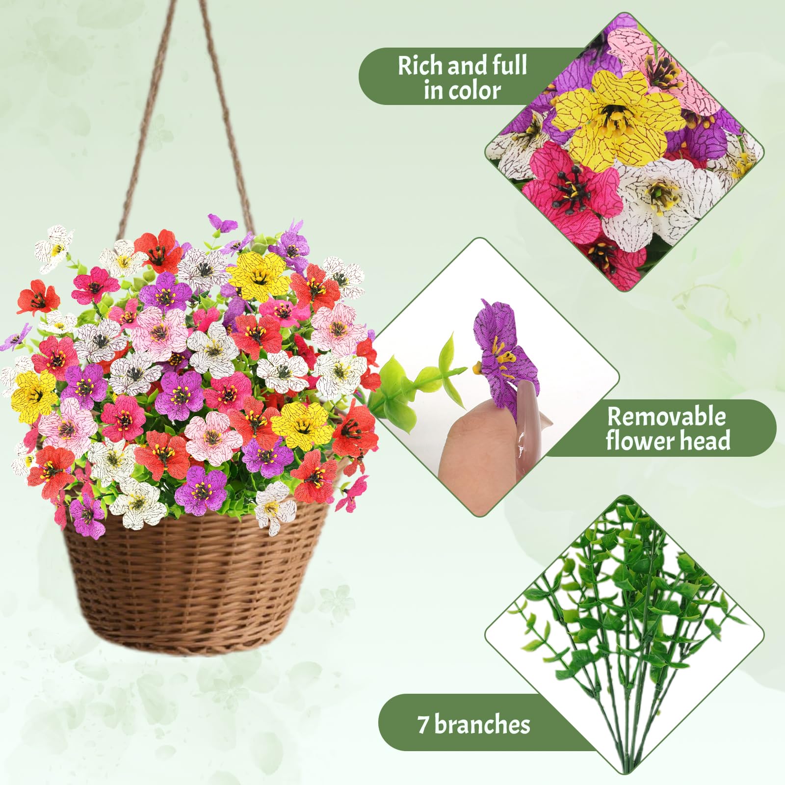Epaing 6 Bundles of 6 Colours Artificial Flowers Outdoor No Fade Fake Flowers UV Resistant Faux Plants for Garden Home Fence Hanging Baskets Purple Yellow Red Rosered White and Pink Plastic Flower - Image 3