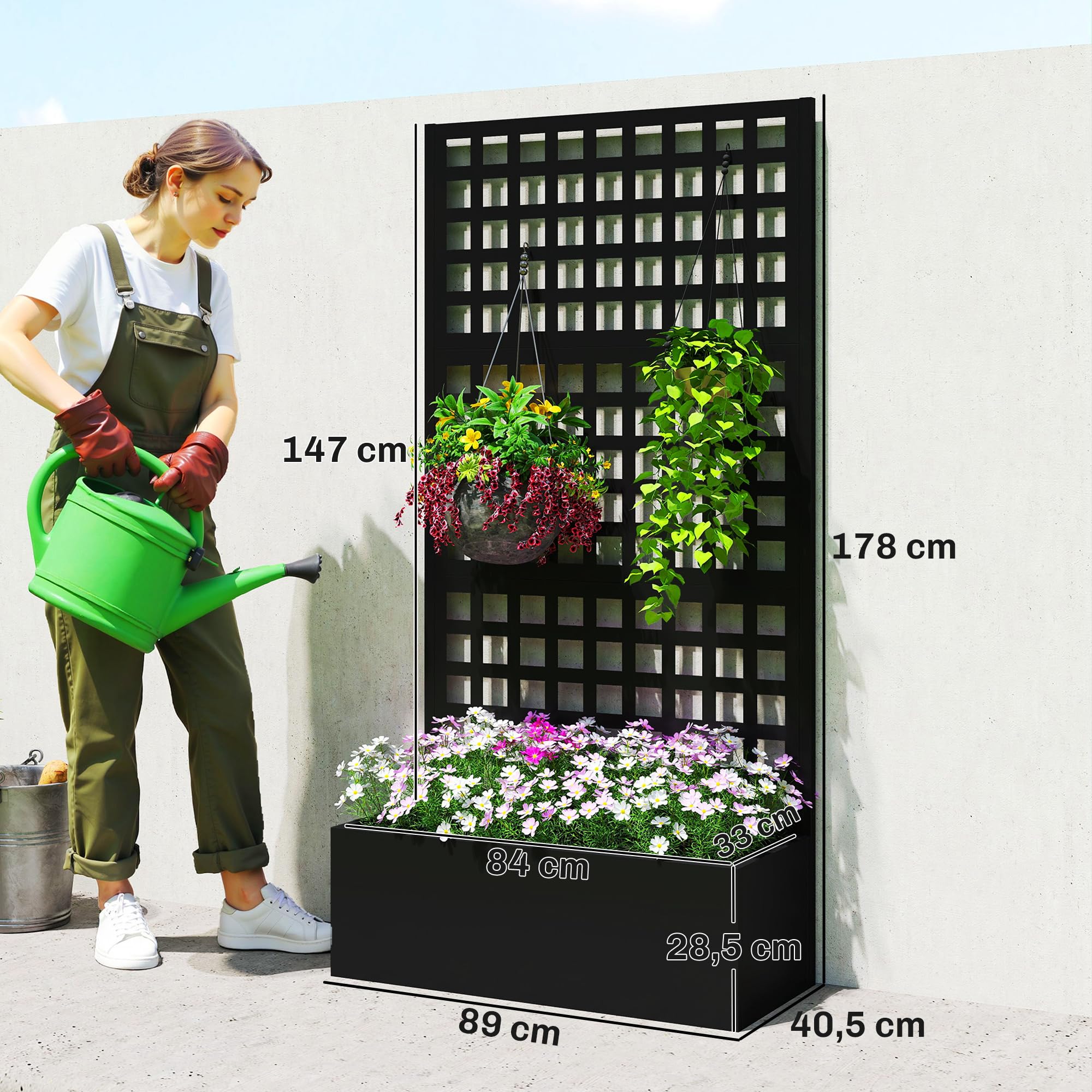 Outsunny Jardinière avec Treillis, Brise-Vue, lit surélevé de Jardin, jardinière extérieure en Acier galvanisée, pour Plantes grimpantes, bac à Fleurs pour Balcon terrasse Patio, 89x40x178cm, Noir