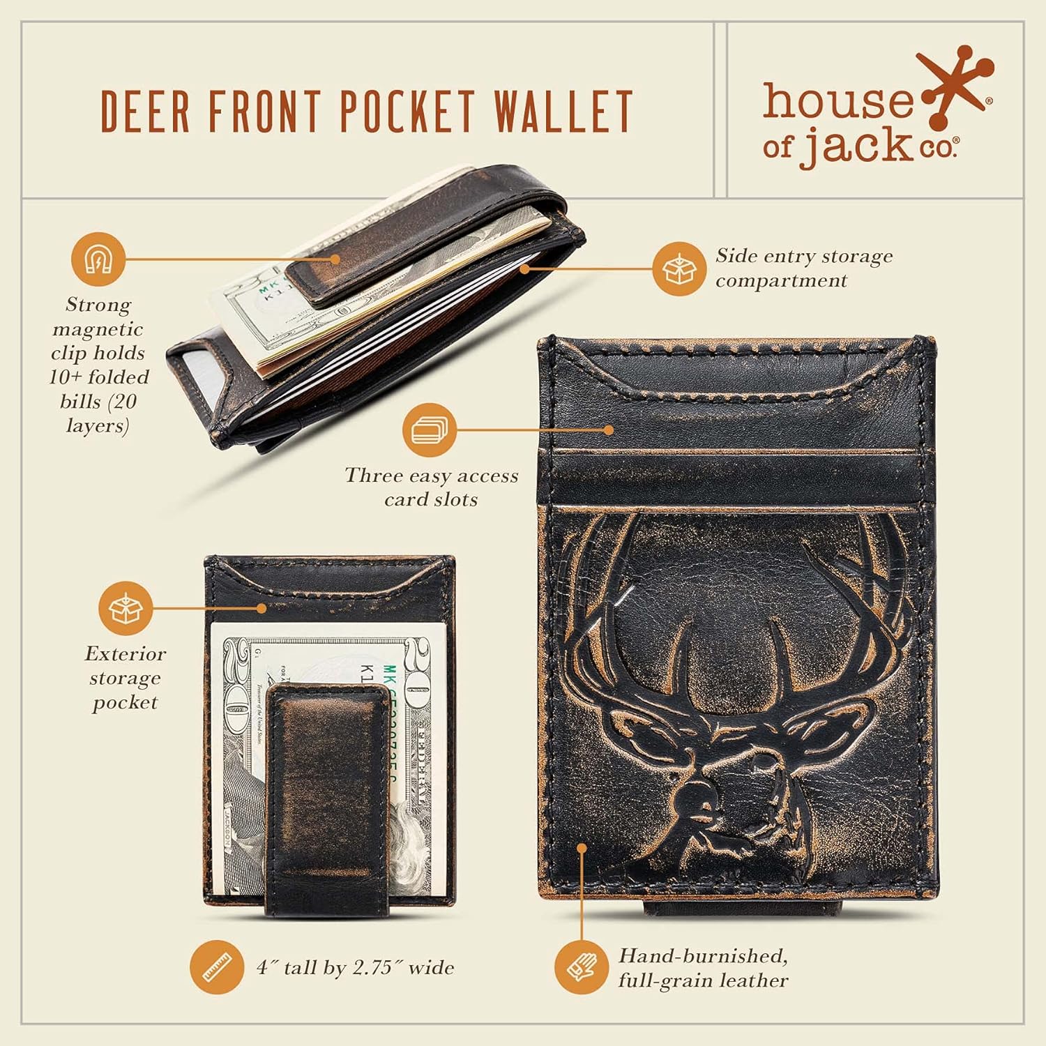 House of Jack Co. Deer Slim Money Clip Wallet for Men, Front Pocket Wallet with Strong Magnet, Full Grain Cowhide Card Holder Wallet, Black - Image 4