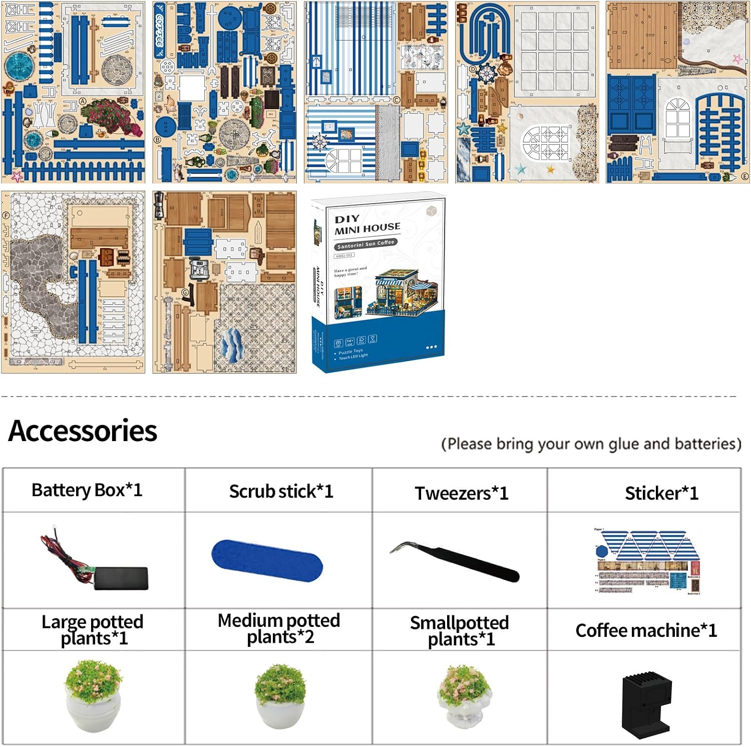 DIY Miniature Dollhouse Kit with Touch LED Light, 3D Wooden Puzzle Santorini Cafe Model, Creative Ocean Style Building Set, Arts and Crafts Gift for Adults (317 Pcs)