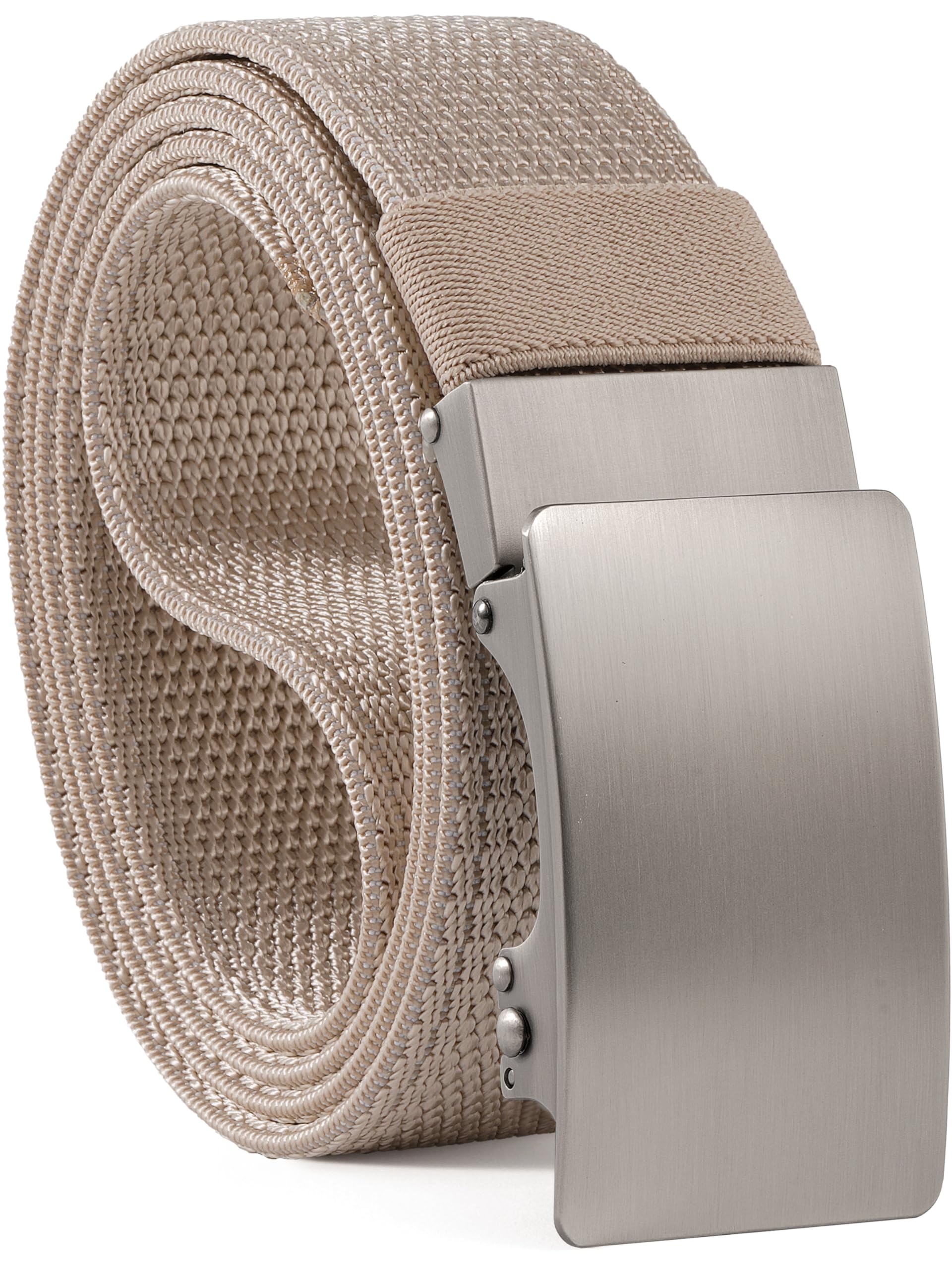 Milorde Men's Beige 1.5" Nylon Ratchet Belt, Casual Web Click Belt With Slide Buckle For Jeans, No Holes Adjustable Trim To Fit, 42"-46" Waist (Length 53")