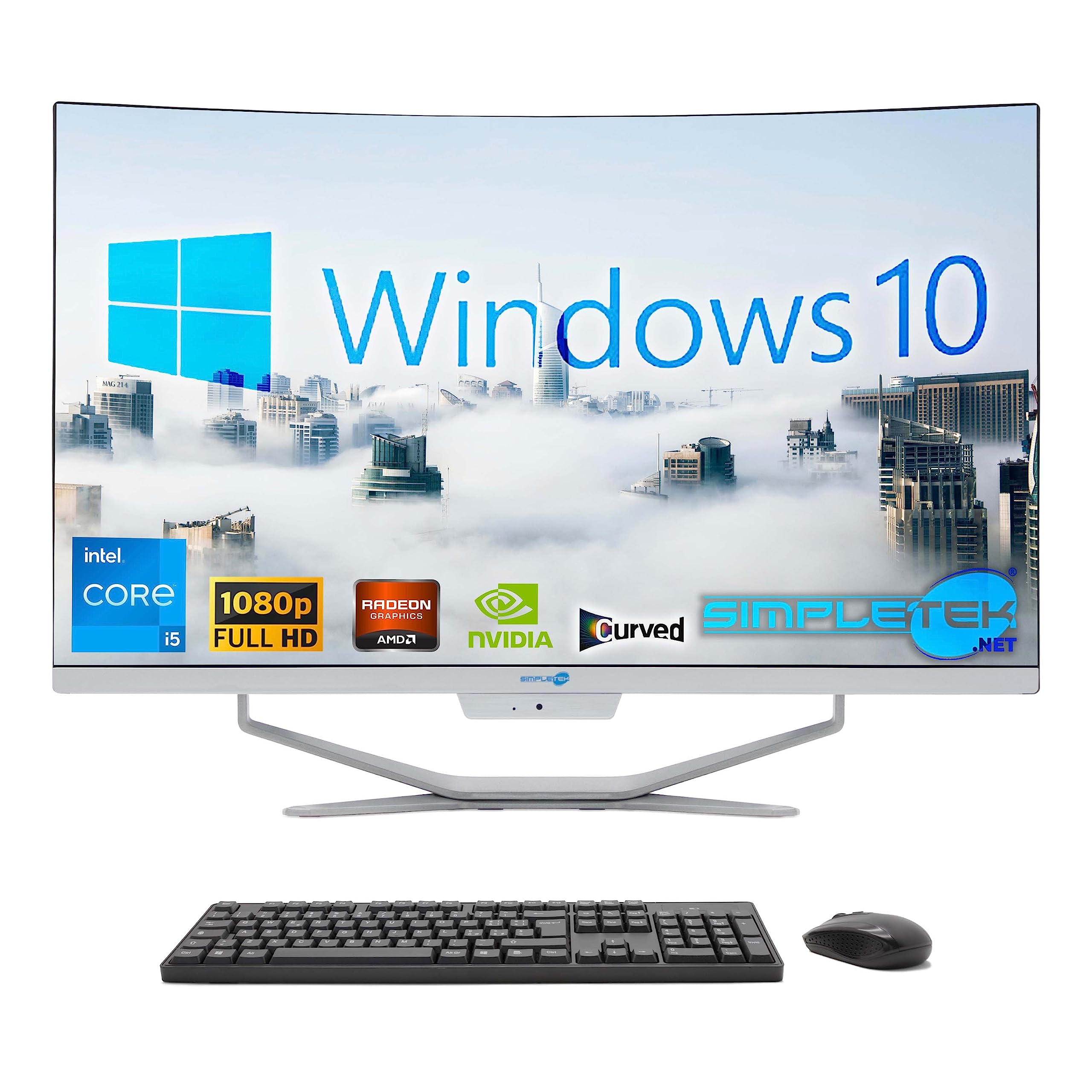 SIMPLETEK – Ordinateur tout-en-un 27" incurvé | Processeur Intel i5 10 Gen | Carte vidéo GT710 1 Go | Windows 10 | 8 Go RAM 240 Go SSD | Idéal pour les graphiques, les jeux, le travail