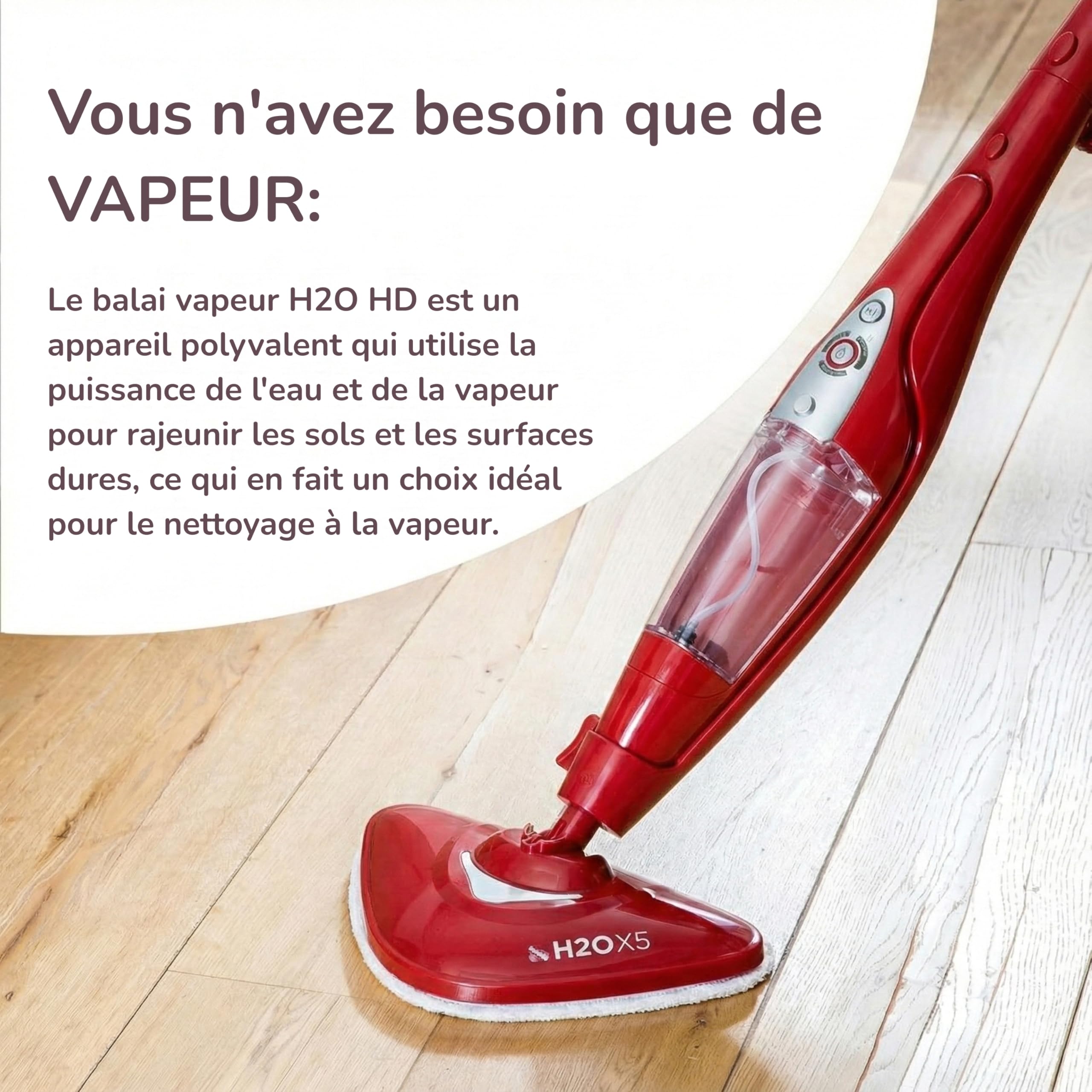 H2O X5+ Balai Vapeur 2-En-1 Et Nettoyeur À Main Rouge – Nettoyage Multi-Surfaces Sols Tapis Vitres – Chauffe En 15 Secondes – Accessoires Inclus