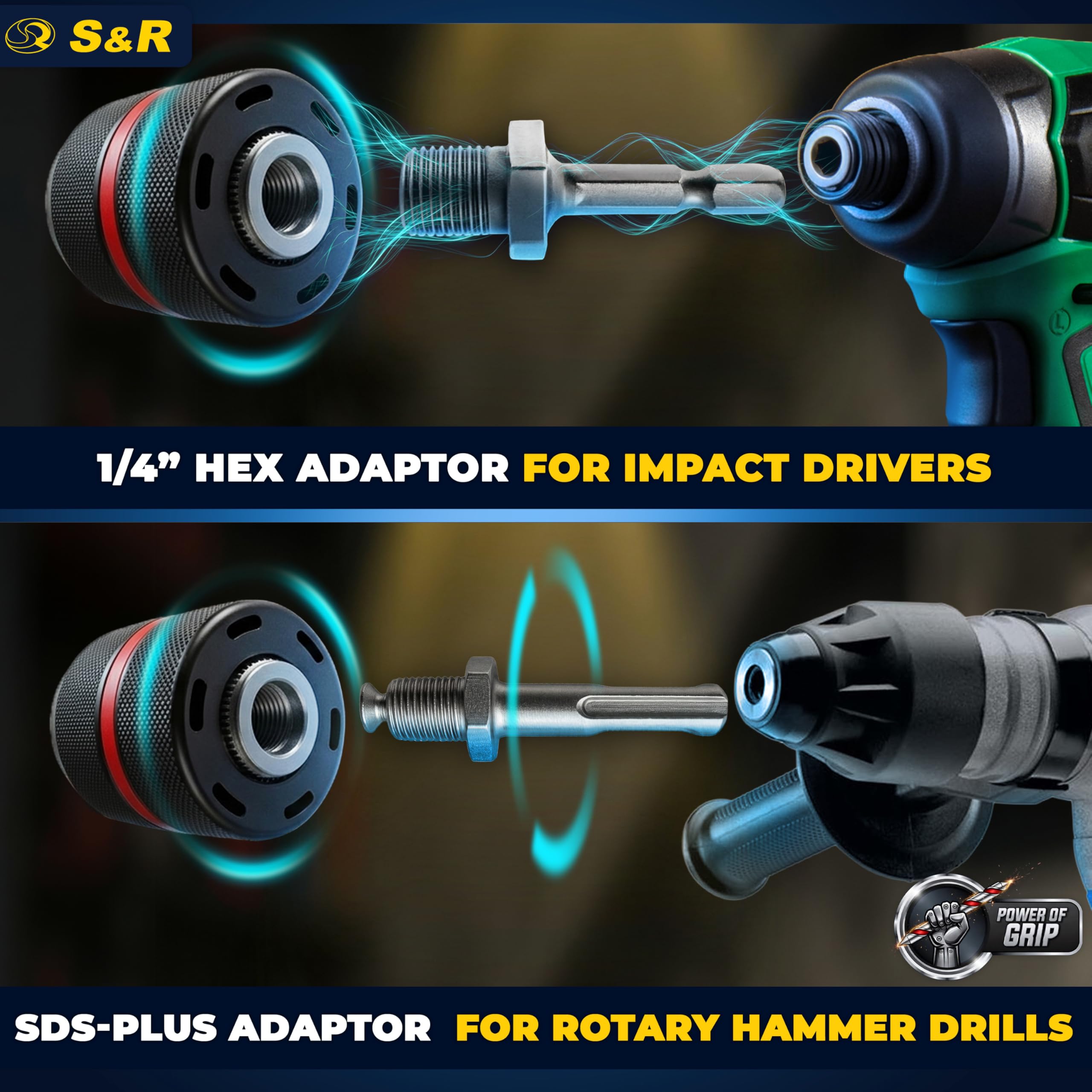 S&R Szybkozaciskowy uchwyt wiertarski 2 mm – 13 mm 1/2-20 UNF z adapterem SDS-plus i adapterem sześciokątnym HEX, szybkozaciskowy uchwyt wiertarski z gwintem, uchwyt szybkozaciskowy do wiercenia