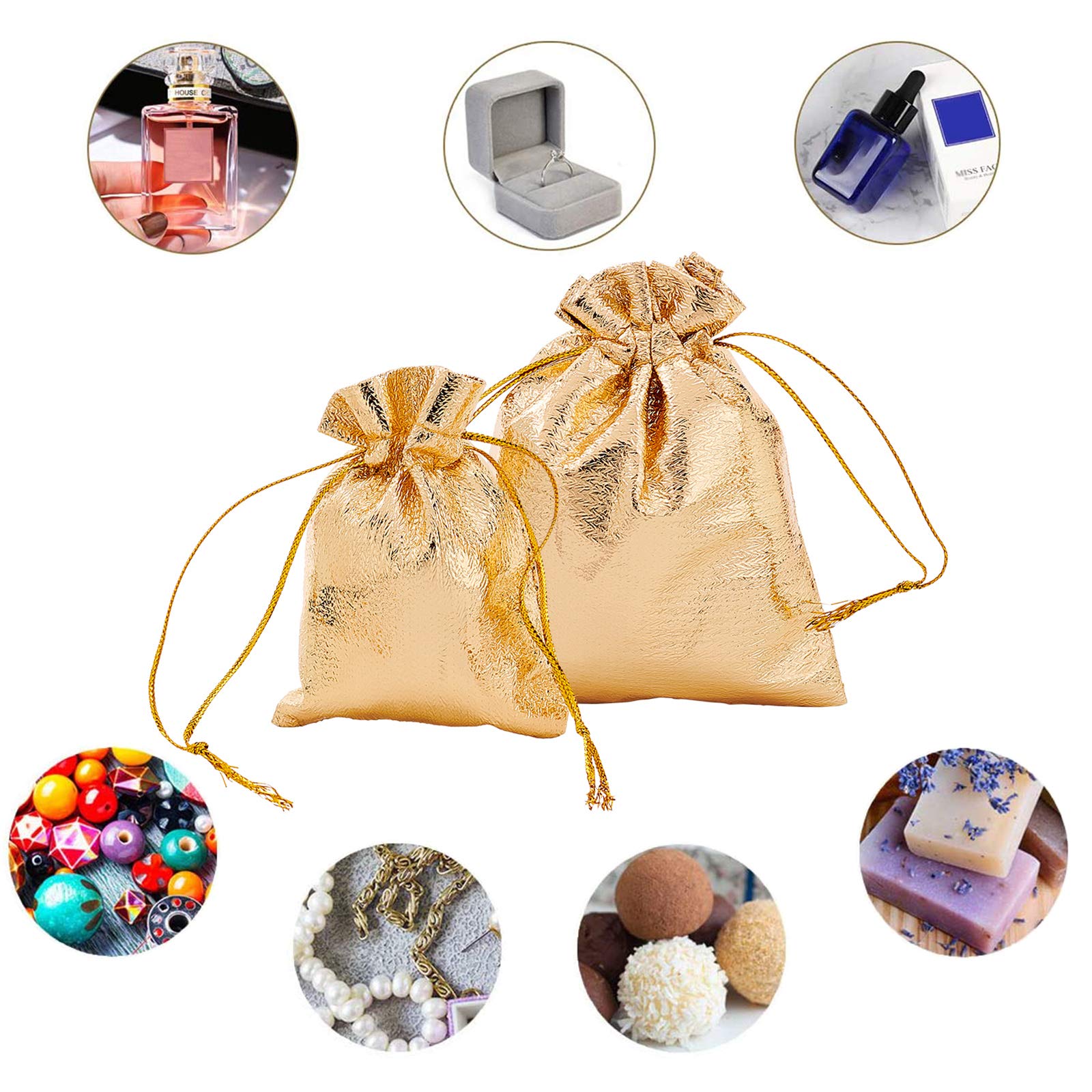 PandaHall 60pcs Sacs Cadeaux Dorés, 12x9cm / 7x9cm Pochettes d'emballage Cadeau Sac Rectangulaire en Organza Sac de Rangement à Cordon pour Bijoux Bonbons Mariage Fête des Mères, Noël