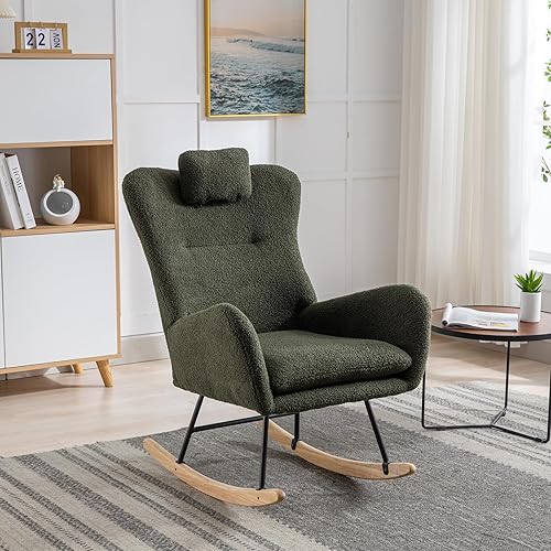 Hforestey - Mecedoras de peluche, silla deslizante para guardería con reposabrazos, silla tapizada de terciopelo con reposacabezas, mecedora con