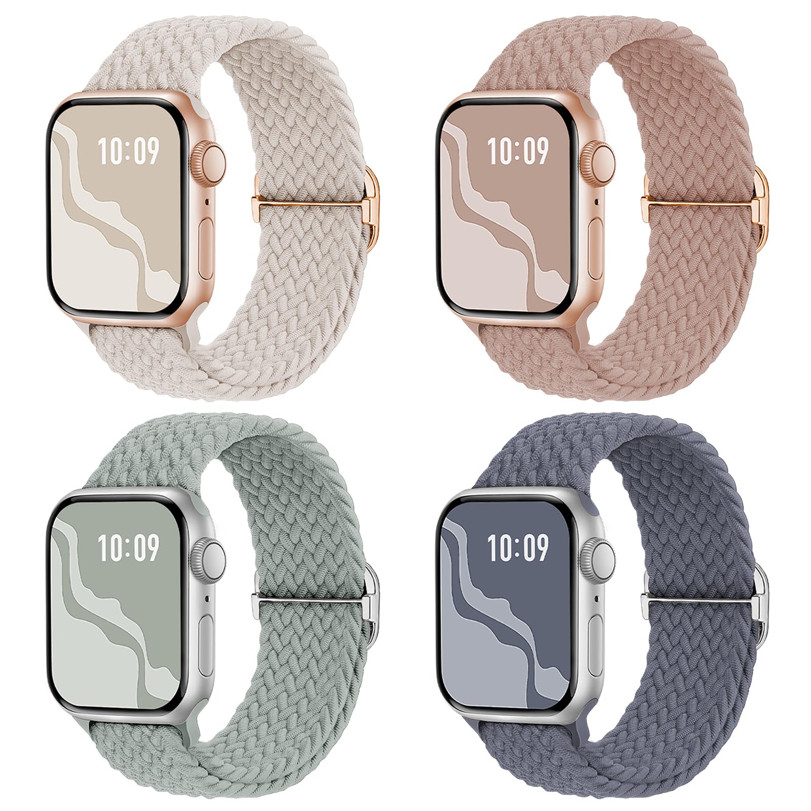 Braided Stretchy Solo Loop Compatible for Apple Watch Band 38mm 40mm 41mm 42mm 44mm 45mm 49mm for Women Men, Nylon Elastic Straps Wristbands for iWatch Series 8 7 6 SE 5 4 3 2 1 Ultra, 4Packs