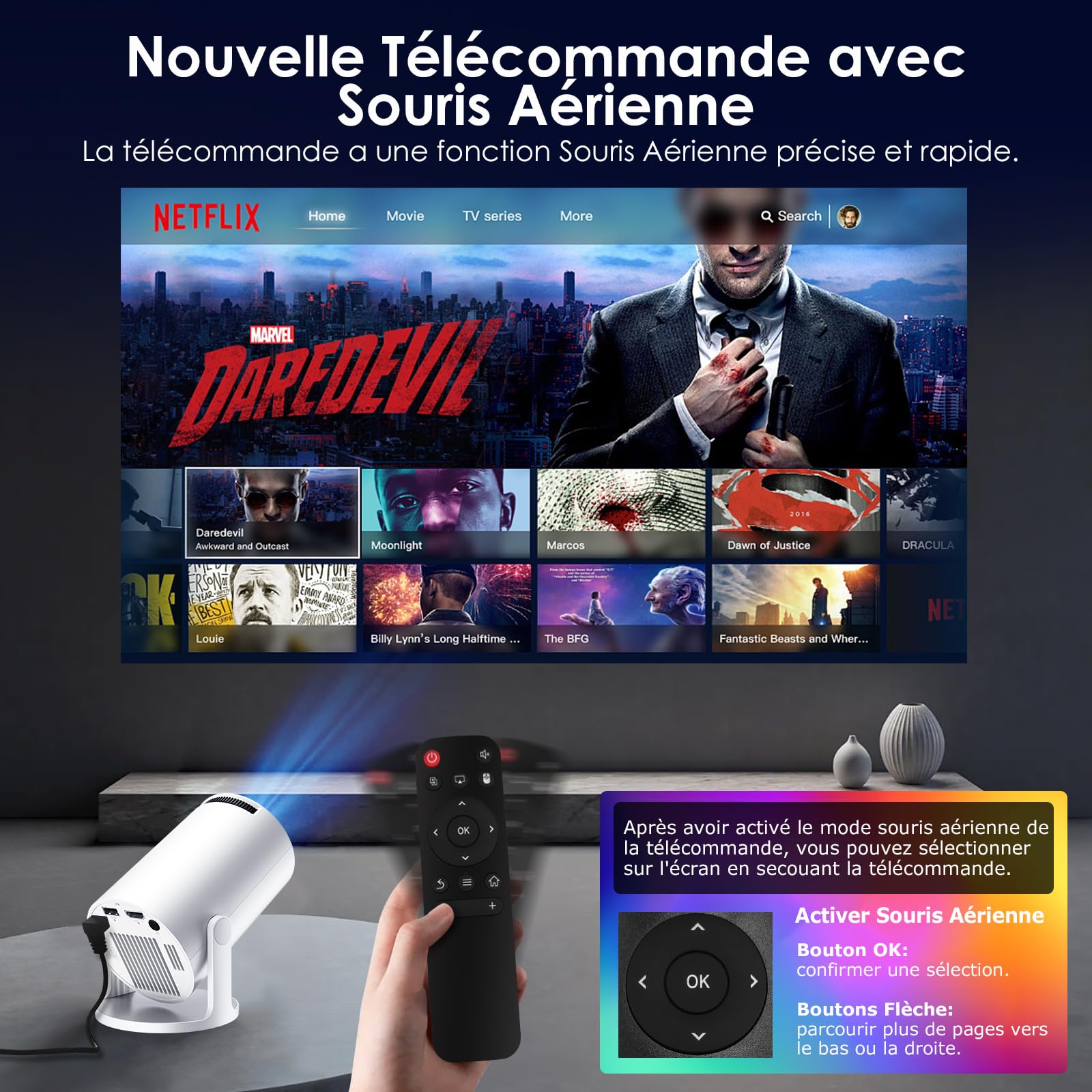 WOLFANG Mini Projecteur【Applis Intégrées & Wi-FI 6】 Videoprojecteur HD 1080p avec Bluetooth et Trapézoïdale Verticale Auto, Retroprojecteur à 180° pour la Chambre, Compatible iOS/Android/PC/TV Stick