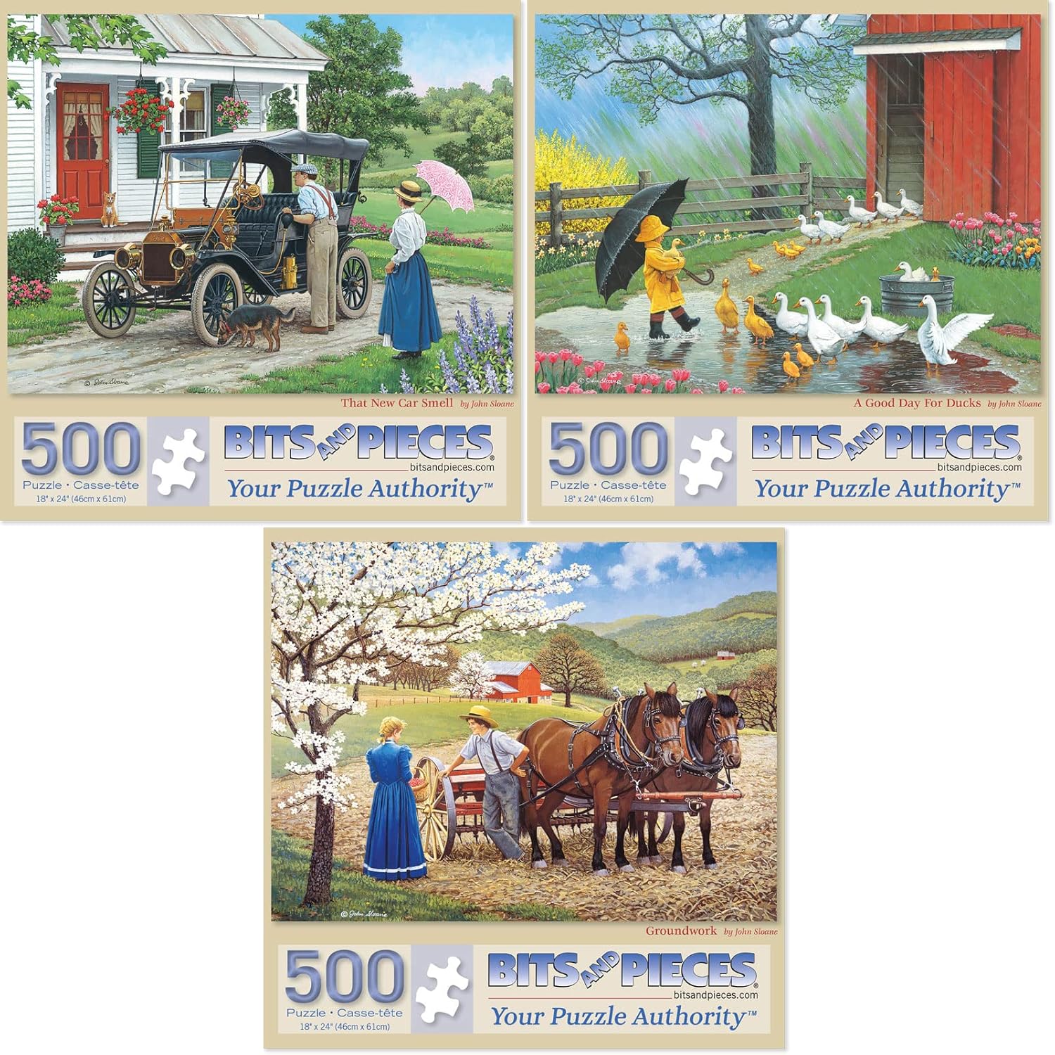 Bits and Pieces – Value Set of Three 500 Piece Jigsaw Puzzles for Adults – That New Car Smell, A Good Day for Ducks, Groundwork Jigsaw Puzzles by Artist John Sloane, Completed Puzzle Size: 18" x 24"