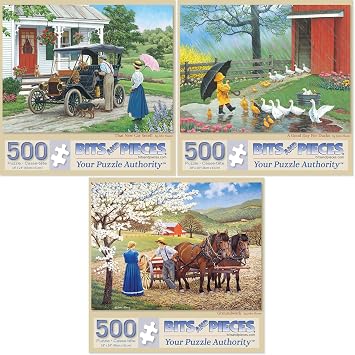 Bits and Pieces Value Set of Three 500 Piece Jigsaw Puzzles for Adults That New Car Smell, A Good Day for Ducks, Groundwork Jigsaw Puzzles by Artist John Sloane, Completed Puzzle Size 18" x 24"