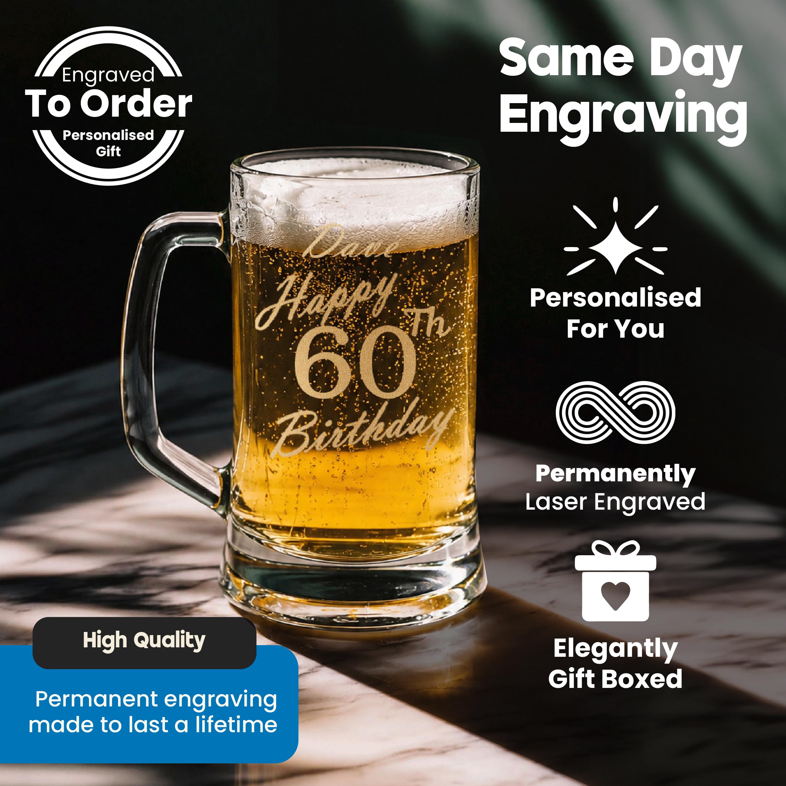Chope à bière gravée personnalisée avec inscription « Happy 60th Birthday » dans une boîte cadeau
