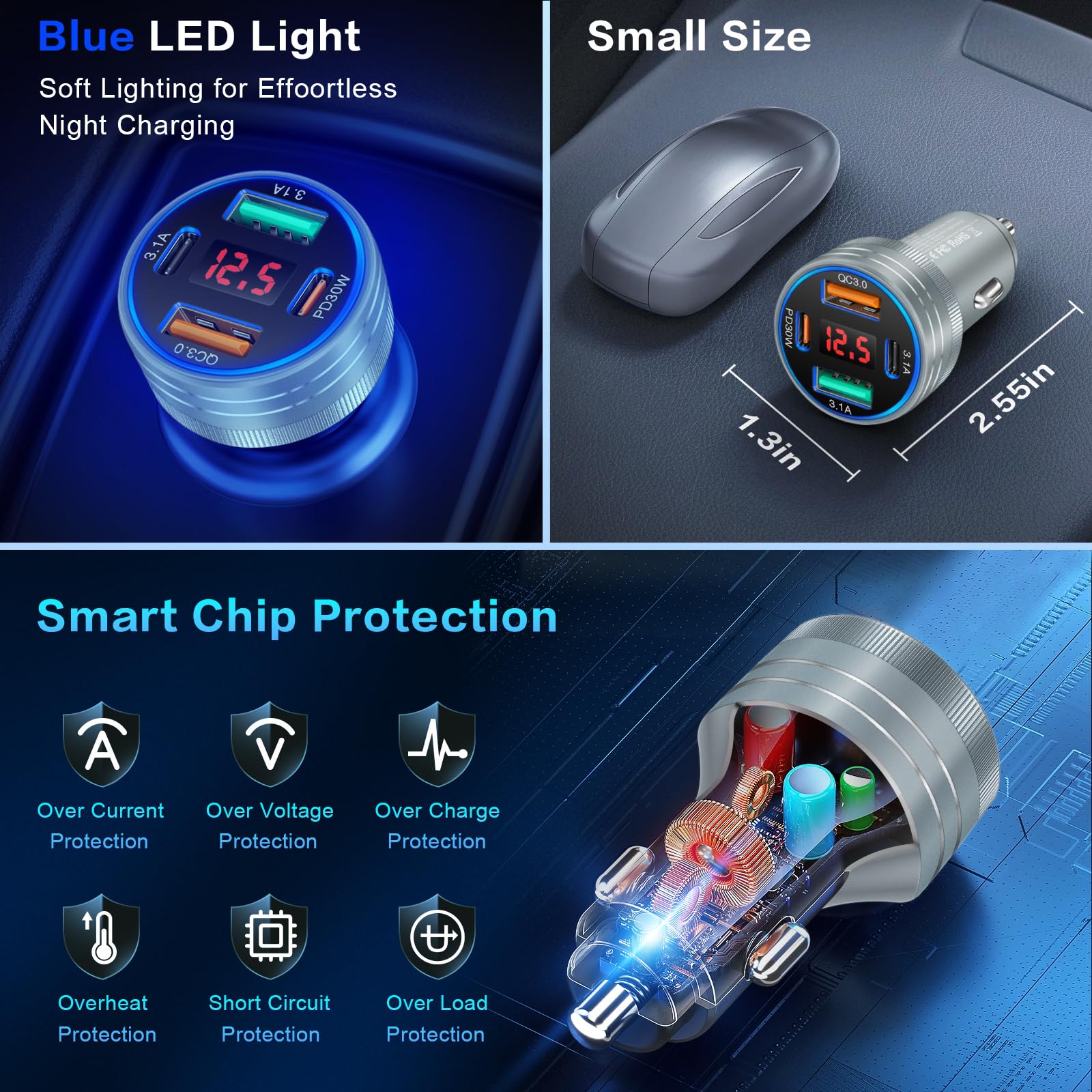 Cargador de coche, adaptador de cargador rápido de coche de 4 puertos de 65 W con PD+QC 3.0, cargador de teléfono de coche de 12 V con USB-A y USB-C, compatible con iPhone 17/16e/15 Pro Max, Samsung