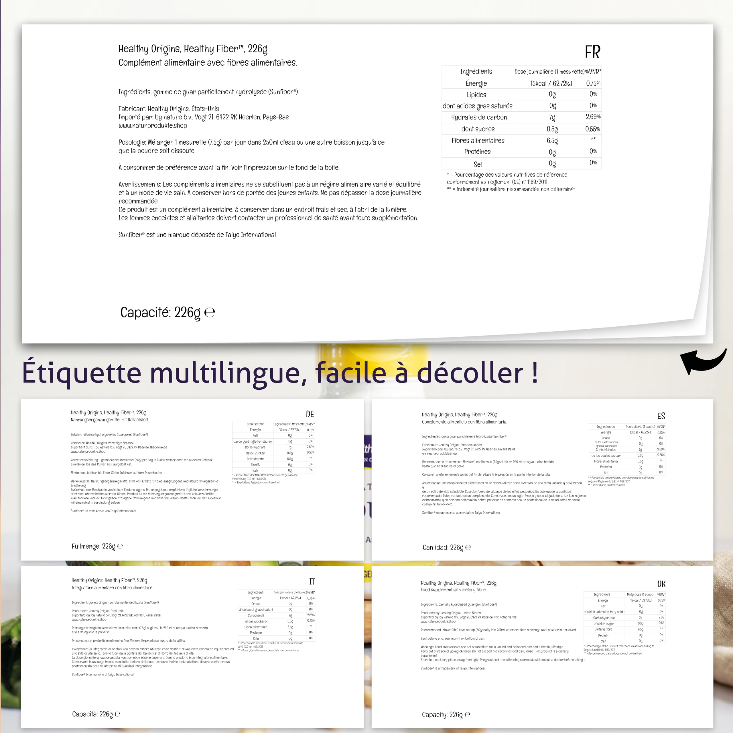 Healthy Origins, Natural Healthy Fiber, Fibres de Gomme de Guar, 226g Poudre végétalienne, Végétarien, Sans Soja, Sans Gluten, Sans OGM
