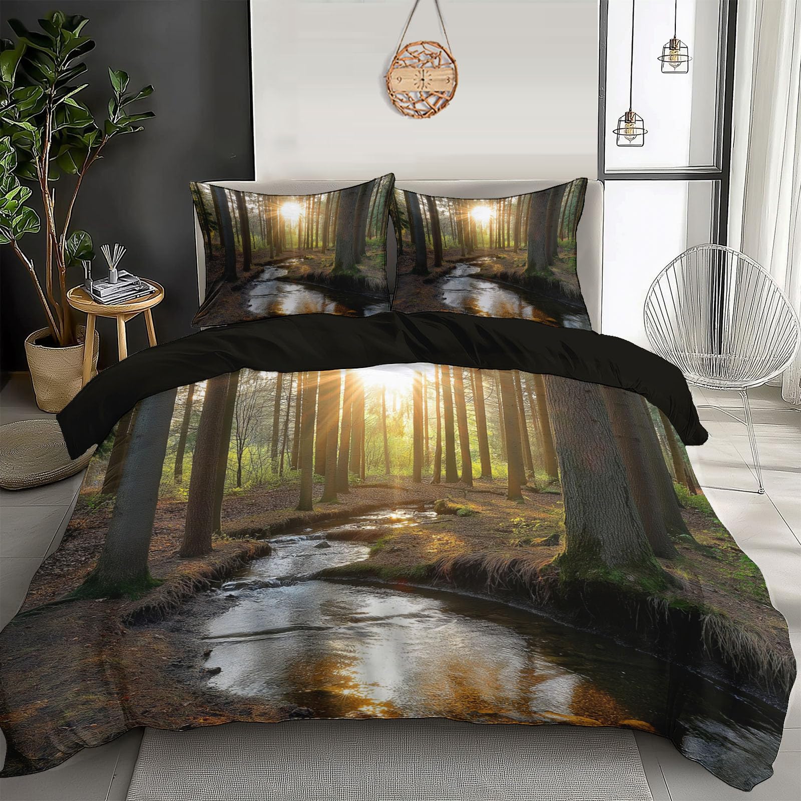 Housse de couette 240x260 cm forêt parure de lit 3 pièces paysages naturels 3D
