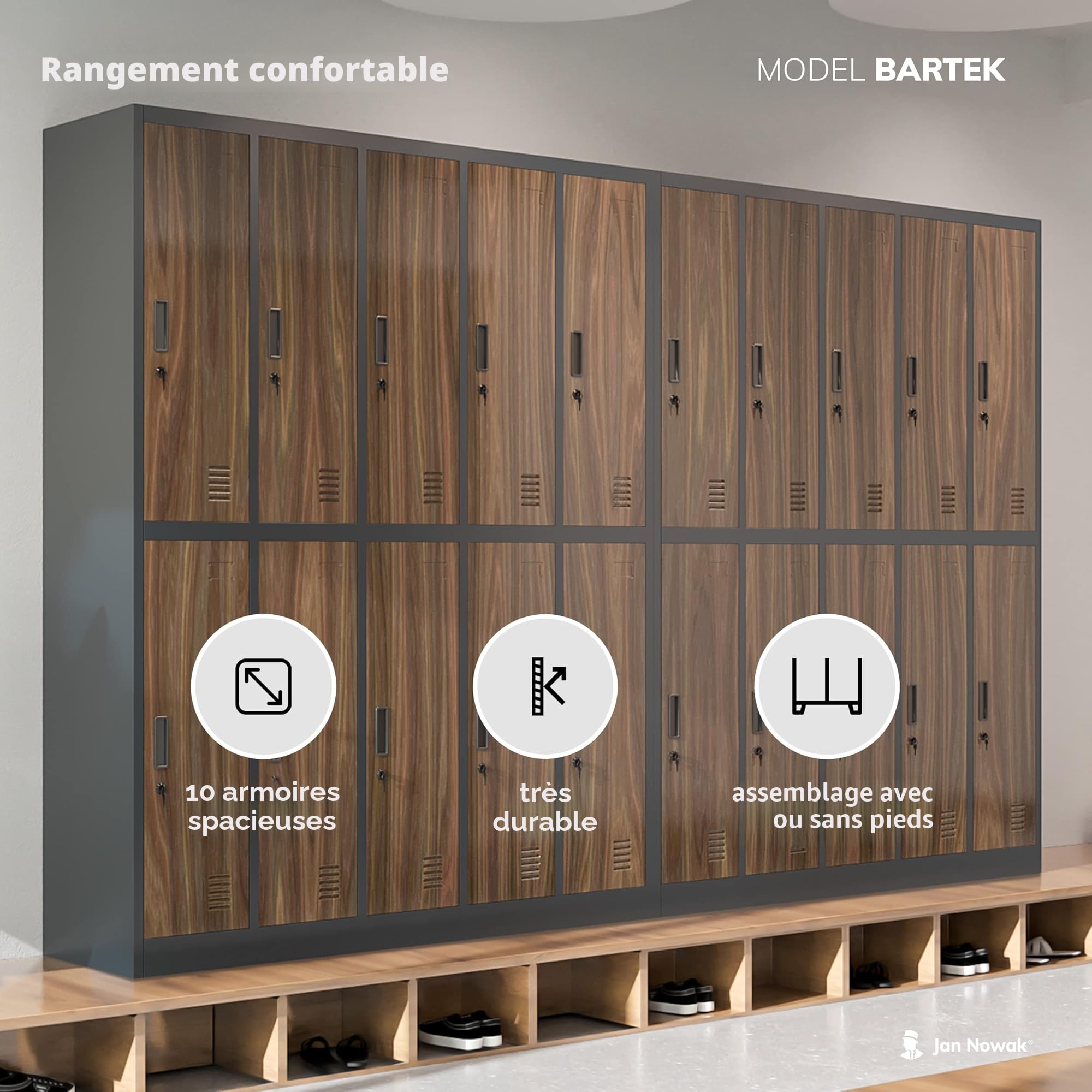 Jan Nowak Armoire Vestiaire Métallique 10 Casiers Verrouillables en Acier | Vestiaire professionnel en acier robuste, 10 casiers verrouillables avec tringle, ventilation et porte-étiquette.