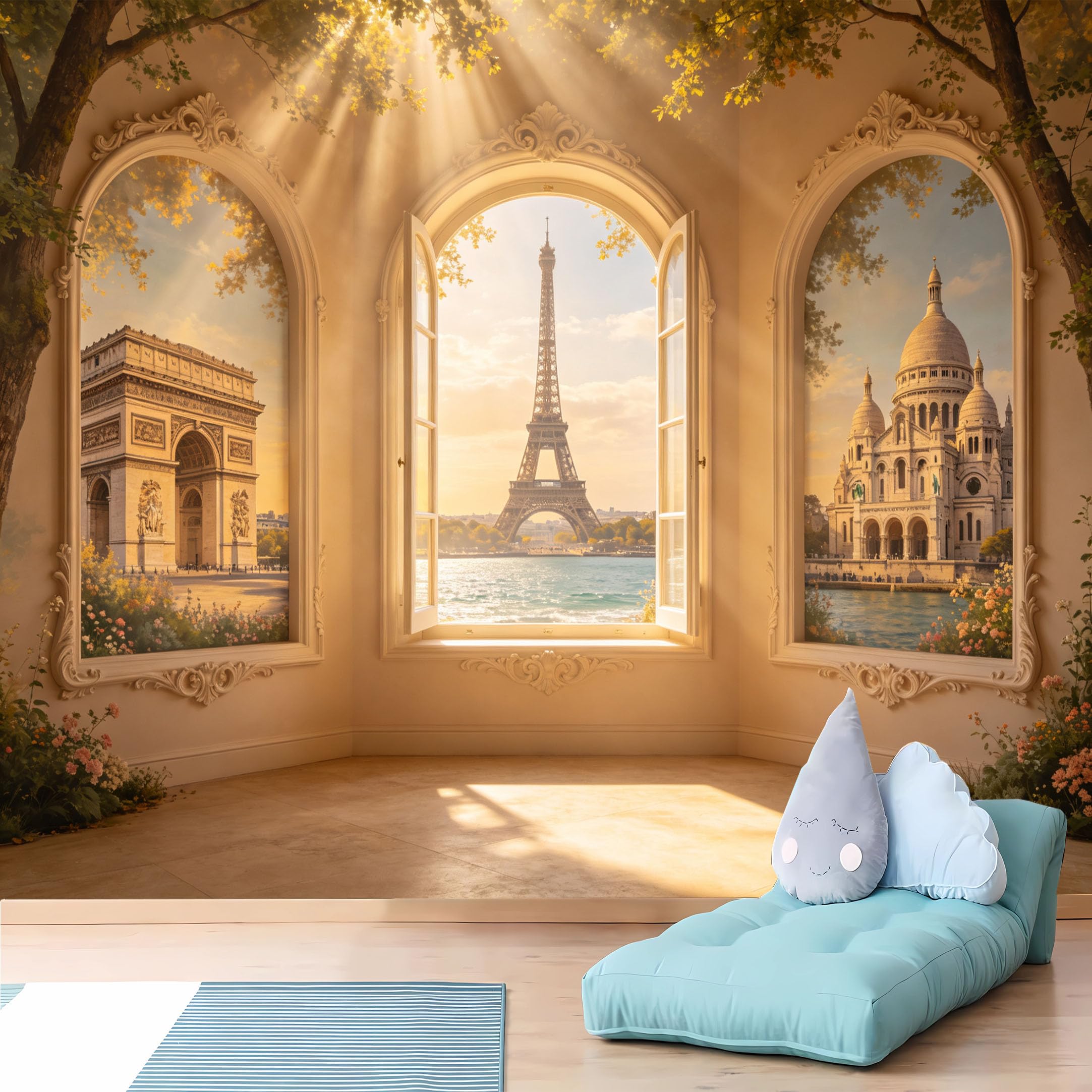 Custom Size Wall Murals,Paris Landmarks Eiffel Tower View from Arched Windows Wall Murals,Full Wall,Self-Adhesive Removable Wallpaper for Living Room Home Decor