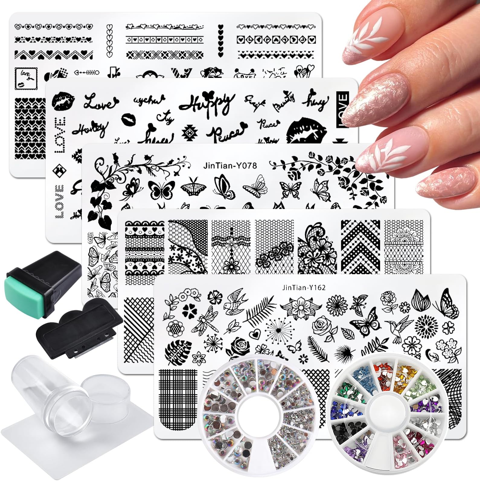 LoveOurHome Nail Stamping Kit 5pc Nail Stamping Plate Butterfly Lace Stamp Plate Heart French Tips Nail Stamp Template with Stamper Scraper Stencil Rhinestone Decoration for Acrylic Nail Design
