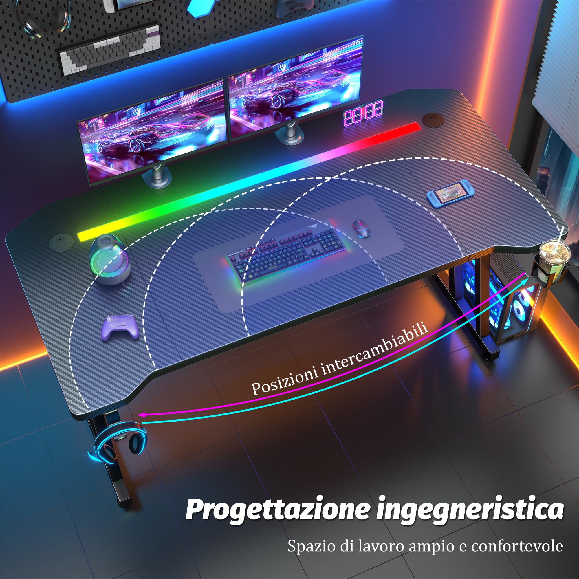 Scrivania Gaming LED 100x60cm, Tavolo Computer con Banda RGB, Tavolo Gaming Ergonomica, Gamer con Superficie in Fibra Carbonio, Scrivania per Computer con Porta Tazza e Gancio per Cuffie, Nero
